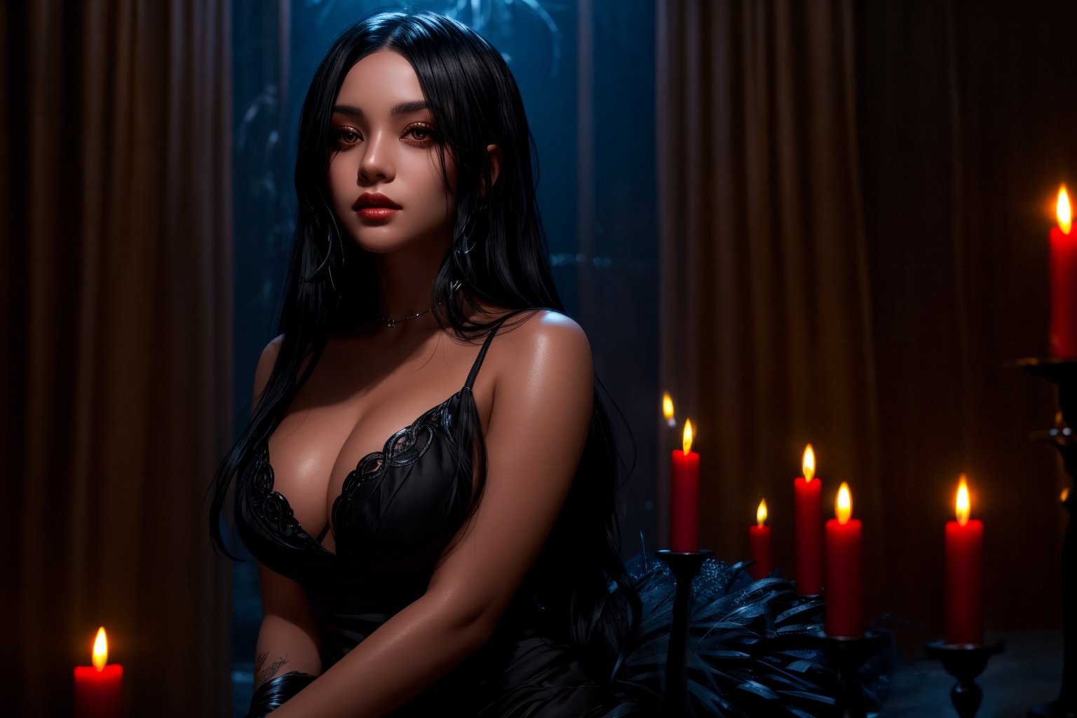 Raven-black hair flowing like a midnight river,  eyes deep pools of allure and mystery. Surrounded by the soft glow of twilight candles,  their flickering lights casting inviting shadows,  best quality,  tantalizing gaze,  sexy, 