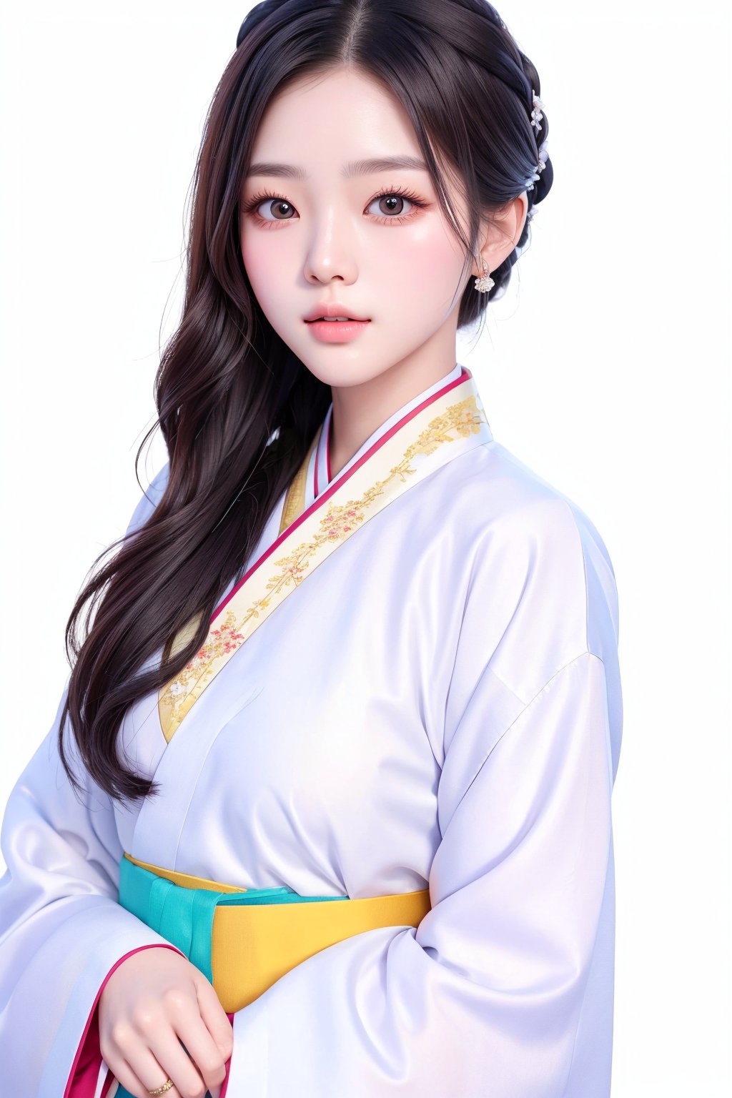 A 20-year-old Korean young lady in a traditional, elegant Hanbok, showcasing a more natural and realistic appearance. The Hanbok is in tasteful pastel colors, enhancing her subtle beauty. This image aims to capture a high level of realism, akin to a photograph taken with a Hasselblad camera. It includes fine details such as distinct pores on her forehead and cheeks, a small scar on her chin from a childhood accident, and a slightly asymmetrical mouth and eyes. The overall look should be a harmonious blend of cultural elegance and realistic, individual characteristics.",Taiwanese girl, frontal photo, smooth and neat hair, wavy medium-long hair, glossy hair, bangs, fair and round face, big eyes, real photo, natural light and shadow, pure white background, white clothes, background color and The hair contrast is obvious, high resolution, super real details