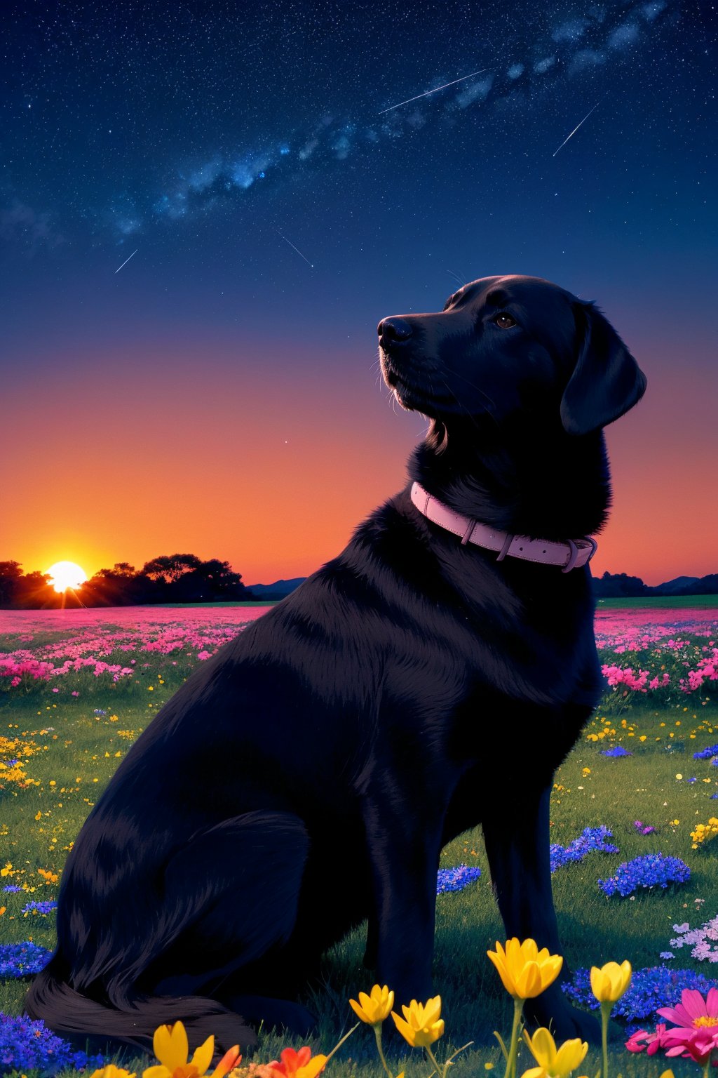 A serene nighttime landscape with a black dog sitting amidst a vibrant field of flowers. The dog is positioned towards the left side of the image, gazing upwards. The sky above is painted in deep blue hues, dotted with numerous white specks, representing stars. The horizon showcases a gentle slope, transitioning from the night sky to a warm orange, possibly indicating a sunset or sunrise. The field is teeming with a variety of flowers in shades of pink, blue, and yellow, with intricate details and patterns on each bloom.