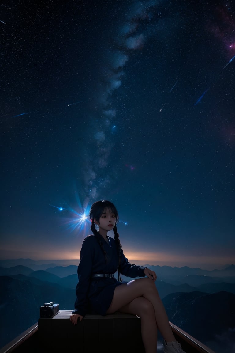 cute korean large-eyed girl, long pigtail,
the features of a girl with a perfect face, 
sitting, A silhouette of a calm giant girl, wearing nebula, is suspended in the air against a backdrop filled with nebula, 
masterpiece, best Quality, Tyndall effect, good composition, highly details, warm soft light, three-dimensional lighting, volume lighting, Film lighting, cinematic lighting

,