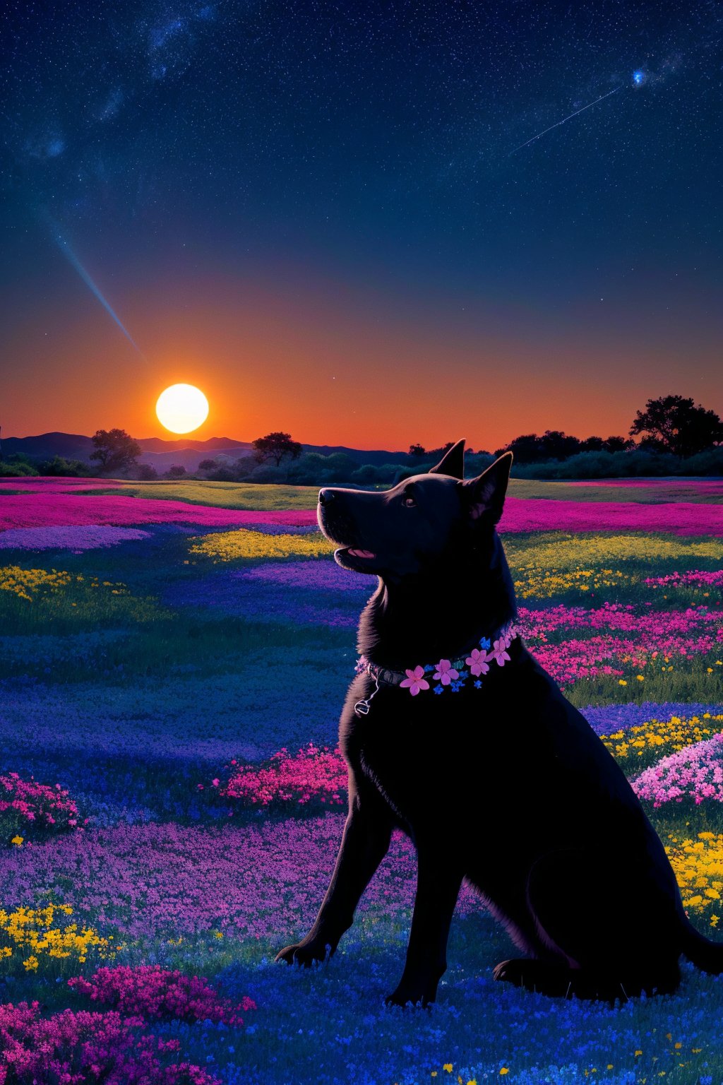 A serene nighttime landscape with a black dog sitting amidst a vibrant field of flowers. The dog is positioned towards the left side of the image, gazing upwards. The sky above is painted in deep blue hues, dotted with numerous white specks, representing stars. The horizon showcases a gentle slope, transitioning from the night sky to a warm orange, possibly indicating a sunset or sunrise. The field is teeming with a variety of flowers in shades of pink, blue, and yellow, with intricate details and patterns on each bloom.