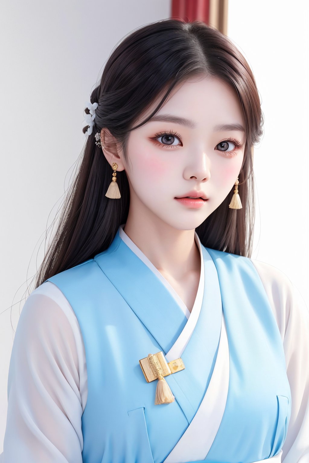 A 20-year-old Korean young lady in a traditional, elegant Hanbok, showcasing a more natural and realistic appearance. The Hanbok is in tasteful pastel colors, enhancing her subtle beauty. This image aims to capture a high level of realism, akin to a photograph taken with a Hasselblad camera. It includes fine details such as distinct pores on her forehead and cheeks, a small scar on her chin from a childhood accident, and a slightly asymmetrical mouth and eyes. The overall look should be a harmonious blend of cultural elegance and realistic, individual characteristics.",Taiwanese girl, frontal photo, smooth and neat hair, wavy medium-long hair, glossy hair, bangs, fair and round face, big eyes, real photo, natural light and shadow, pure white background, white clothes, background color and The hair contrast is obvious, high resolution, super real details