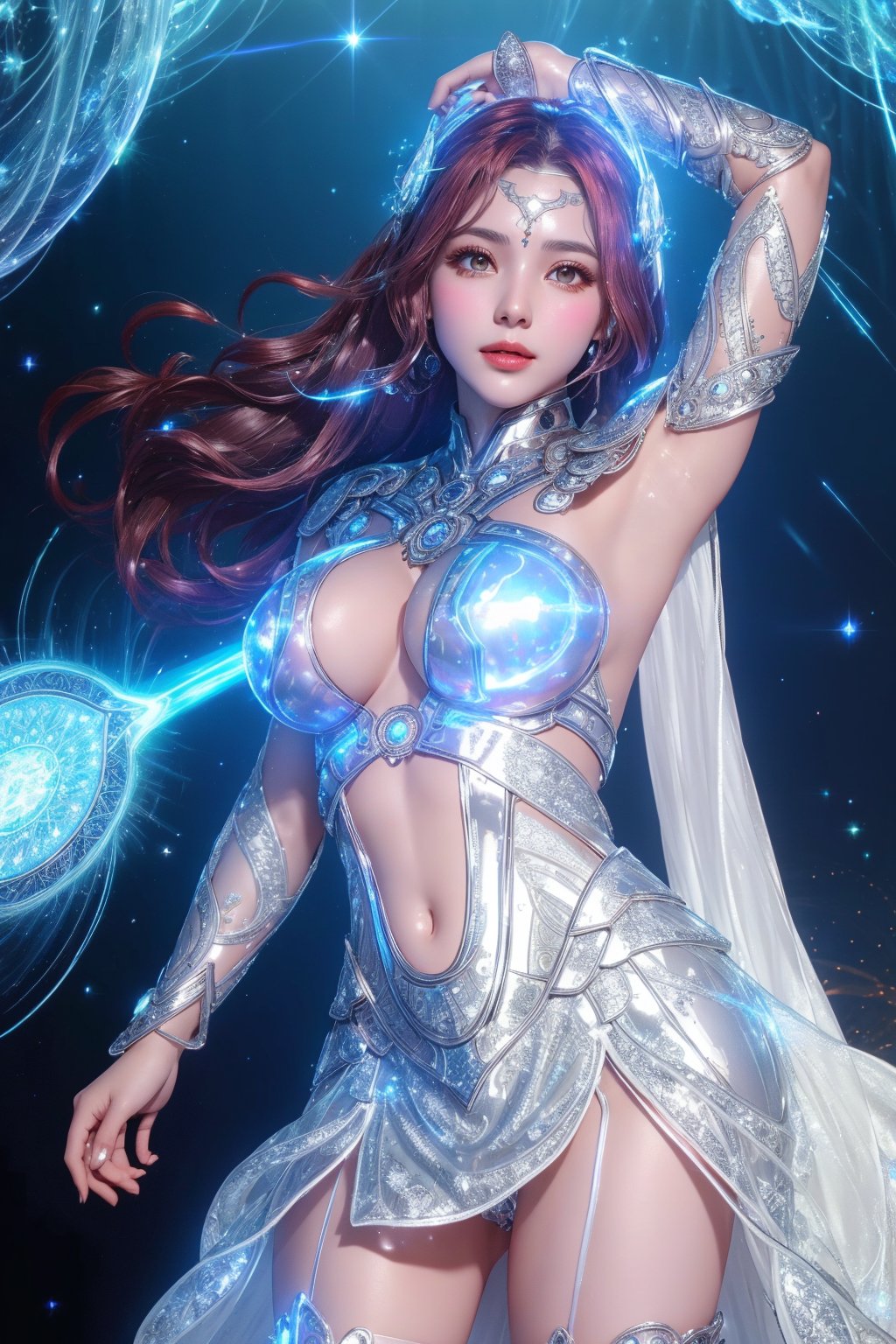 (goddess,venus,iron woman),busty,(Intricate luminous armor design:1.2),white plasma electromagnetic shield,crystal and silver entanglement,Star flash,(Persian Paisley clothes),glowing forehead