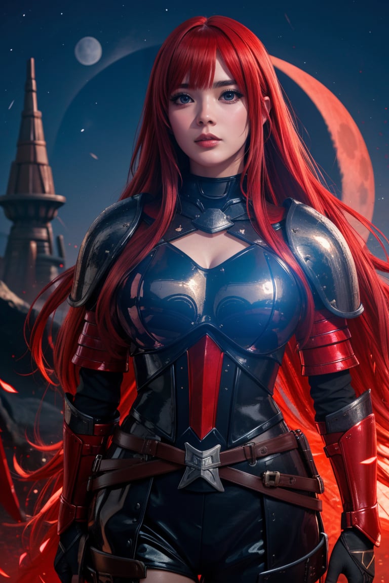 score_9, score_8_up, score_7_up,score_6_up, high resolution, BREAK 1girl, solo, fantasy character, long hair, blue eyes, red hair, bangs, black Armor, hard light, looking at viewer, red moon, moon particles, night,