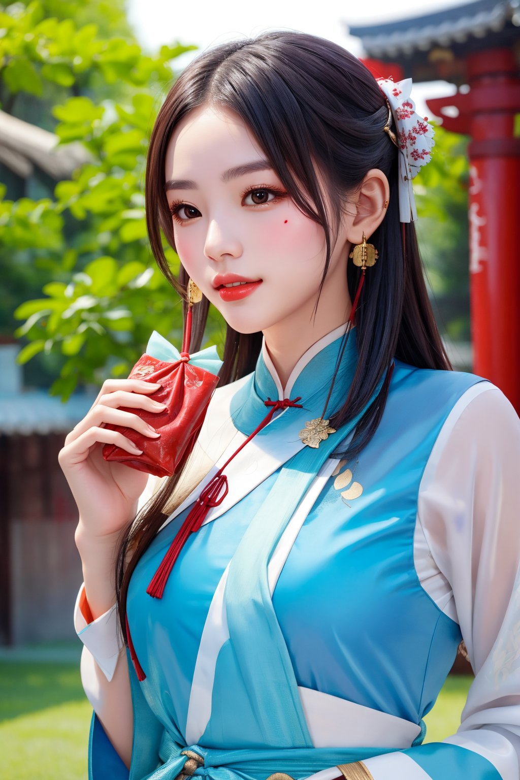 A beautiful woman is holding a Zongzi