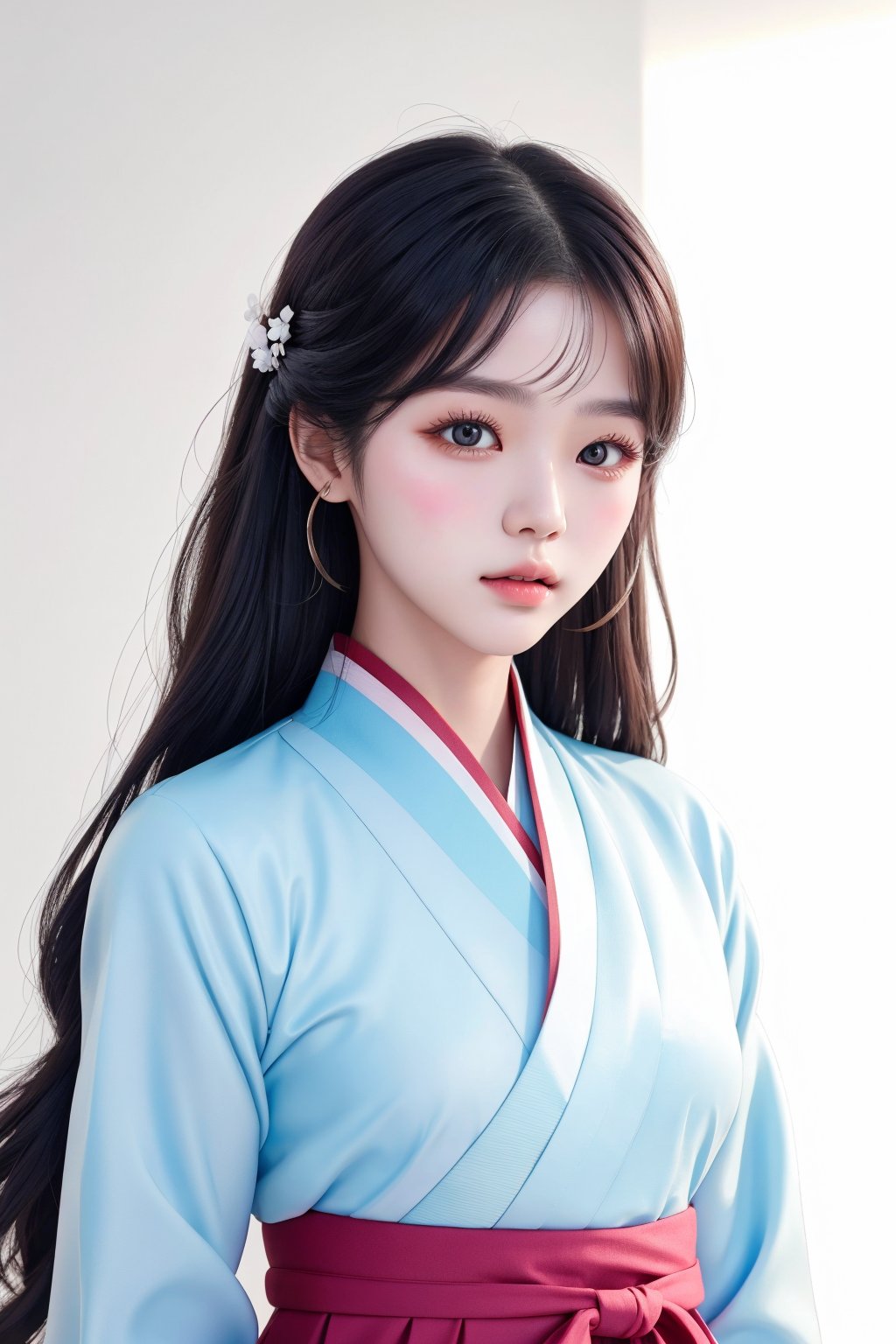 A 20-year-old Korean young lady in a traditional, elegant Hanbok, showcasing a more natural and realistic appearance. The Hanbok is in tasteful pastel colors, enhancing her subtle beauty. This image aims to capture a high level of realism, akin to a photograph taken with a Hasselblad camera. It includes fine details such as distinct pores on her forehead and cheeks, a small scar on her chin from a childhood accident, and a slightly asymmetrical mouth and eyes. The overall look should be a harmonious blend of cultural elegance and realistic, individual characteristics.",Taiwanese girl, frontal photo, smooth and neat hair, wavy medium-long hair, glossy hair, bangs, fair and round face, big eyes, real photo, natural light and shadow, pure white background, white clothes, background color and The hair contrast is obvious, high resolution, super real details