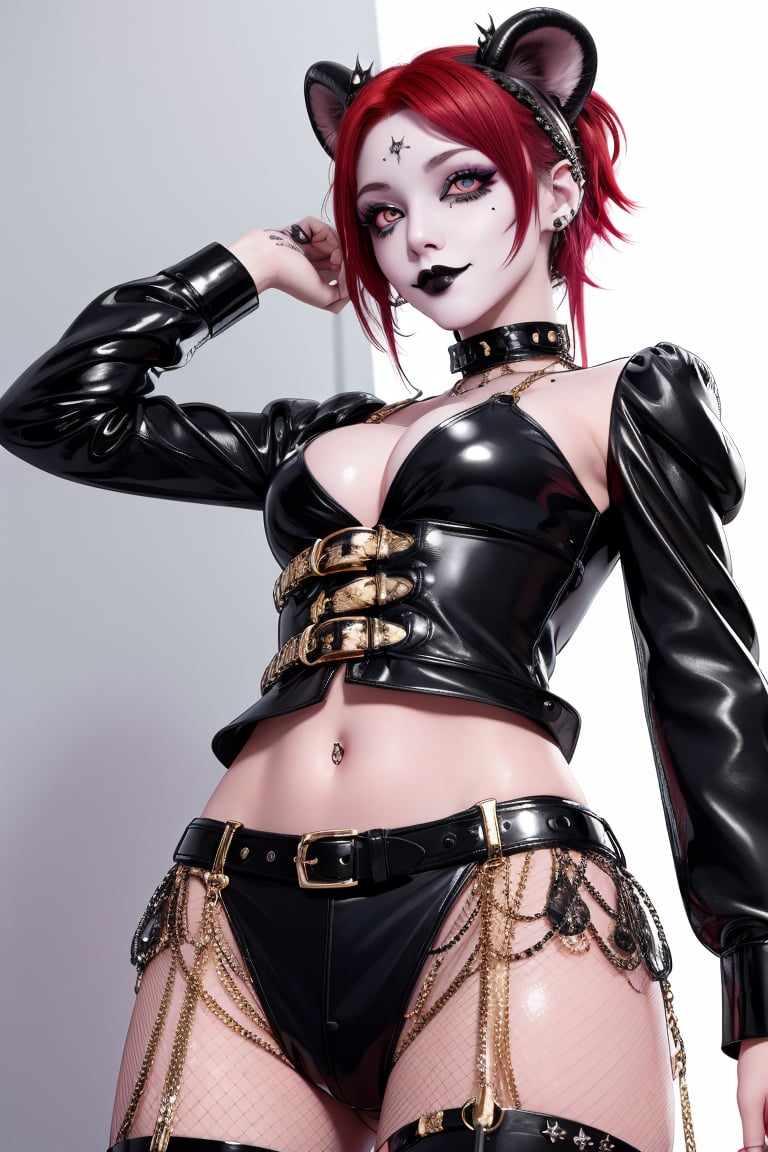 1girl, Luna, sfw,
masterpiece, best quality, 4k, absurdres, 
shiny eyes, smirk, 2D, flat colors, clear colors, white outline,

redhead, (punk), ((goth)), (mohaw), (shave hairstyle), golden eyes,
from below, mistress