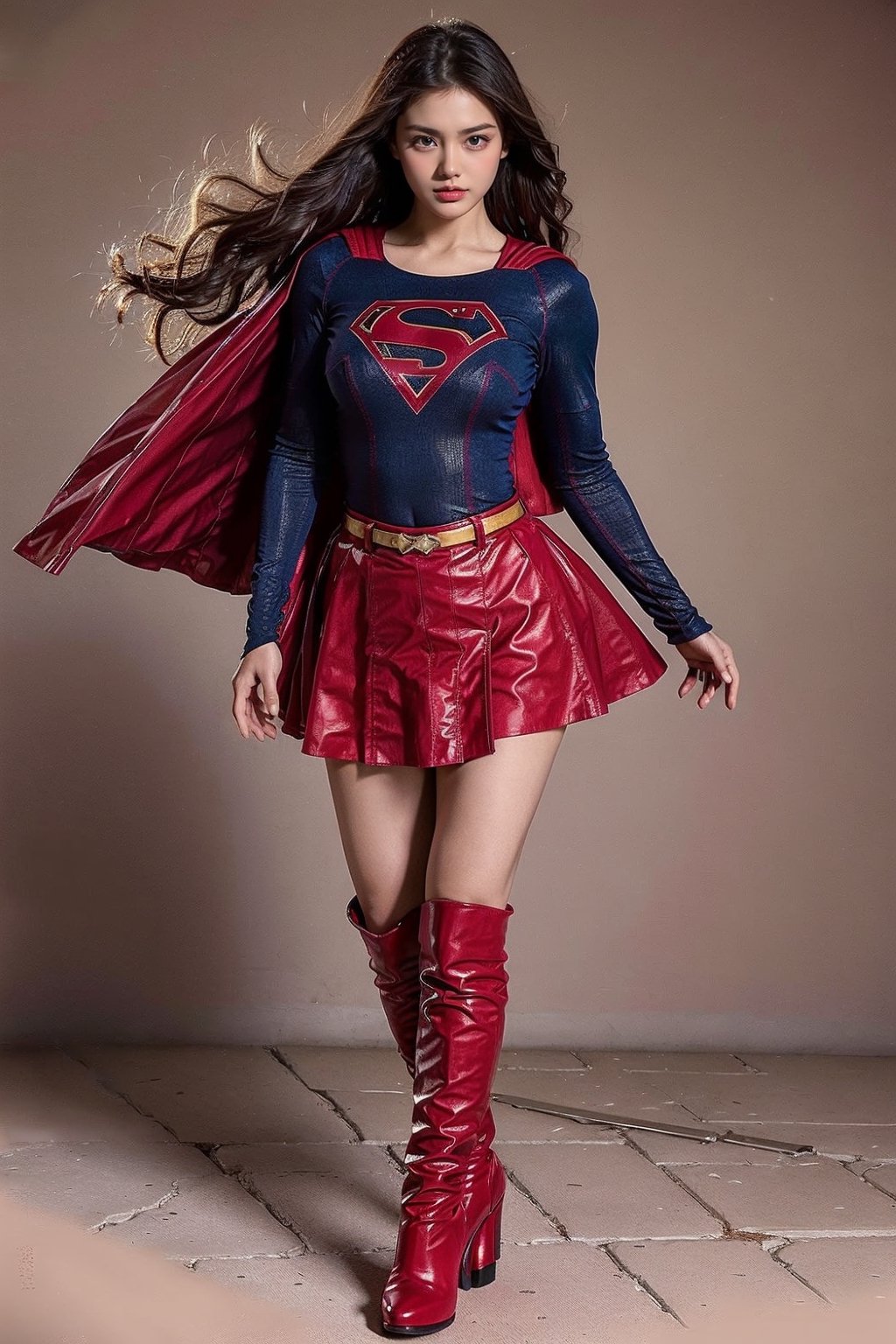 1girl, long black hair,supergirl,wearing Supergirl's blue tight uniform,perfect,red Boots higher than knees,Red miniskirt,Red long cape,full body,Bright colors,Bright red Boots, red miniskirt,Huge chest,Boots over the knee,Clothes are tied to skirts,Red miniskirt,Female model posen,Red over-the-knee pointed high-heeled boots,full body,running in the middle of the road,full body,tall girl,long boots,Red long cape,Boots longer than legs,Chinese supergirl,18years old,Don't show belly,Extremely long tip boots,red skirt,full body,supergirl's tight suit,Don't show knees,Knees wrapped in boots,strong girl,Pointy high-heeled boots,thin high heels,Uniforms and skirts are connectedUniforms and skirts are connected,Don't show your stomach,red skirt,full body,Extra long red boots,Golden Supergirl Belt,One-piece tight uniform
,Show the outline of the muscles,Red miniskirt and long cape,Boots must be over the knee,Integrated coats,Golden Supergirl Belt,Red miniskirt,Full of muscles,Tall and strong,Sexy,Full of muscle beauty,red dress,The skirt must be red.