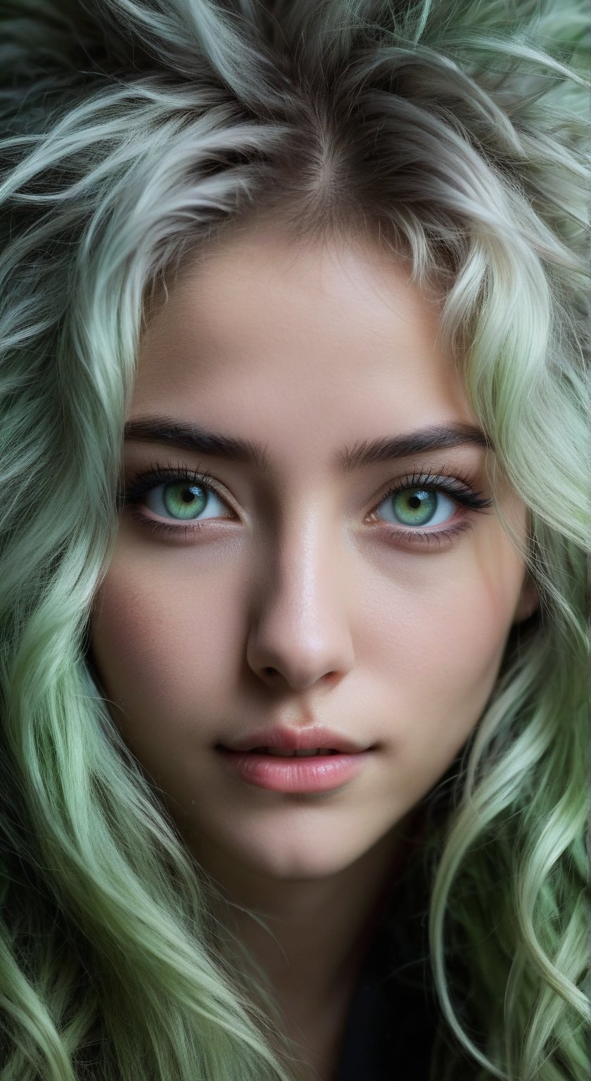 masterpiece, highly detailed image of a  girl with light gray eyes, Light green long frizzy hair, punk hairstyle, sweet and shy expression, little smile, cozy lighting, very dark background,  portrait, unusual composition, use of negative space, spectral, close-up, detailed eyes, detailed mouth,LegendDarkFantasy