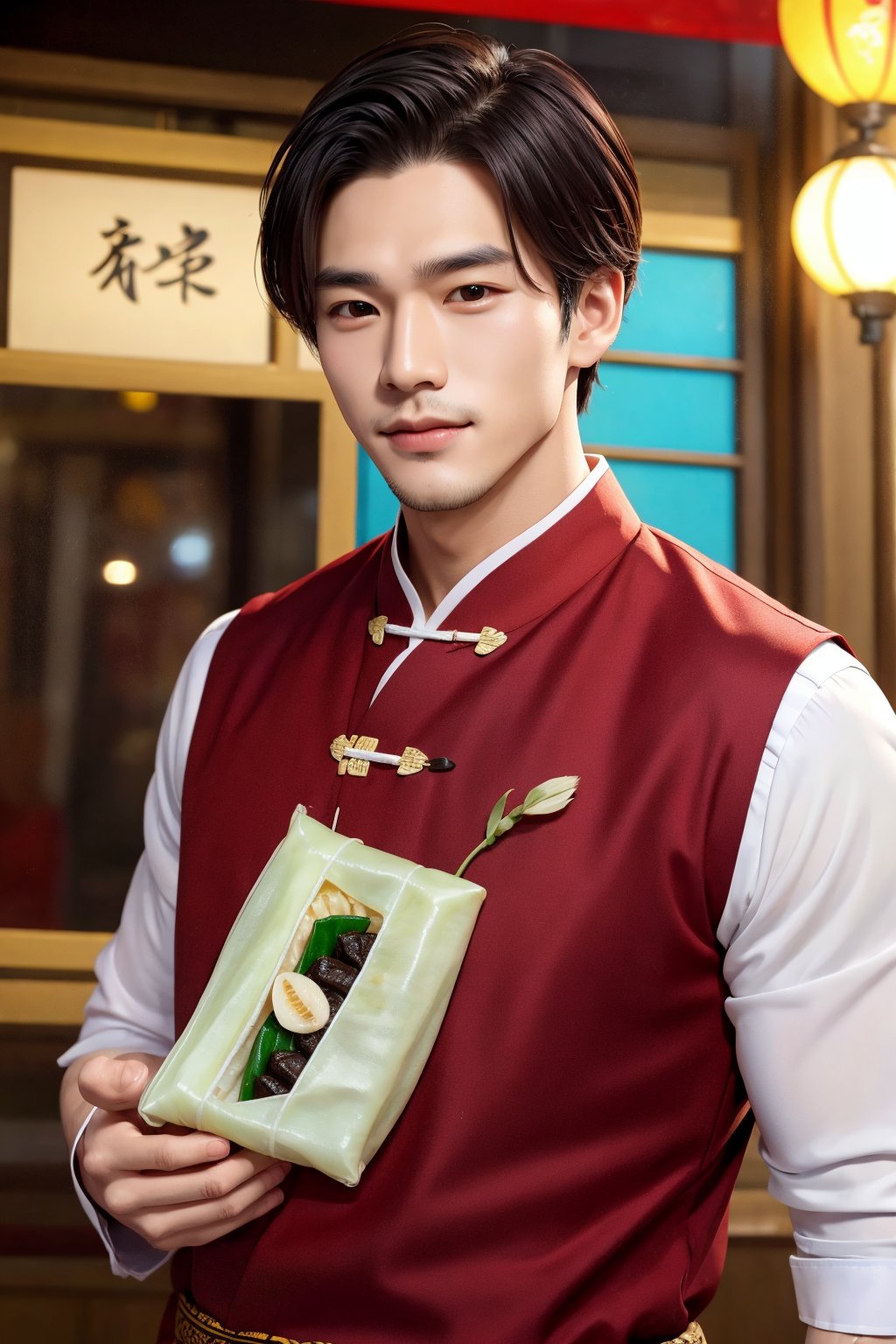 A handsome man is holding a Zongzi