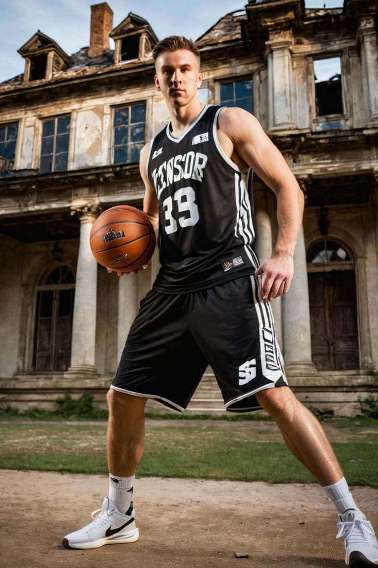 [the TENSOR ART fonts logo] prominently displayed on his chest and jersey.
Adam Anderson stands confidently in front of an abandoned mansion's weathered facade, warmly lit by soft ambient light that casts a gentle glow on his toned physique as he effortlessly spins a basketball on his finger, [the TENSOR ART fonts logo] prominently displayed on his chest and jersey.