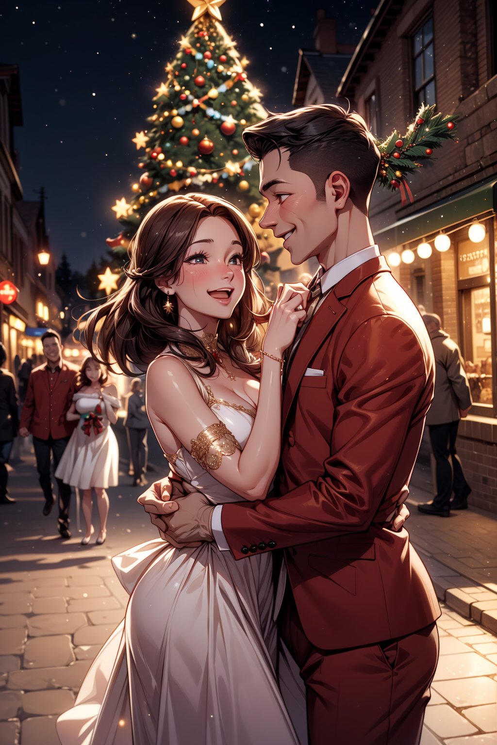 Two happy couples are dancing together wearing Classic outfit, in a town street, night, beautiful Christmas tree, beautiful decorated town for christmas, crowded are, romantic atmosphere,