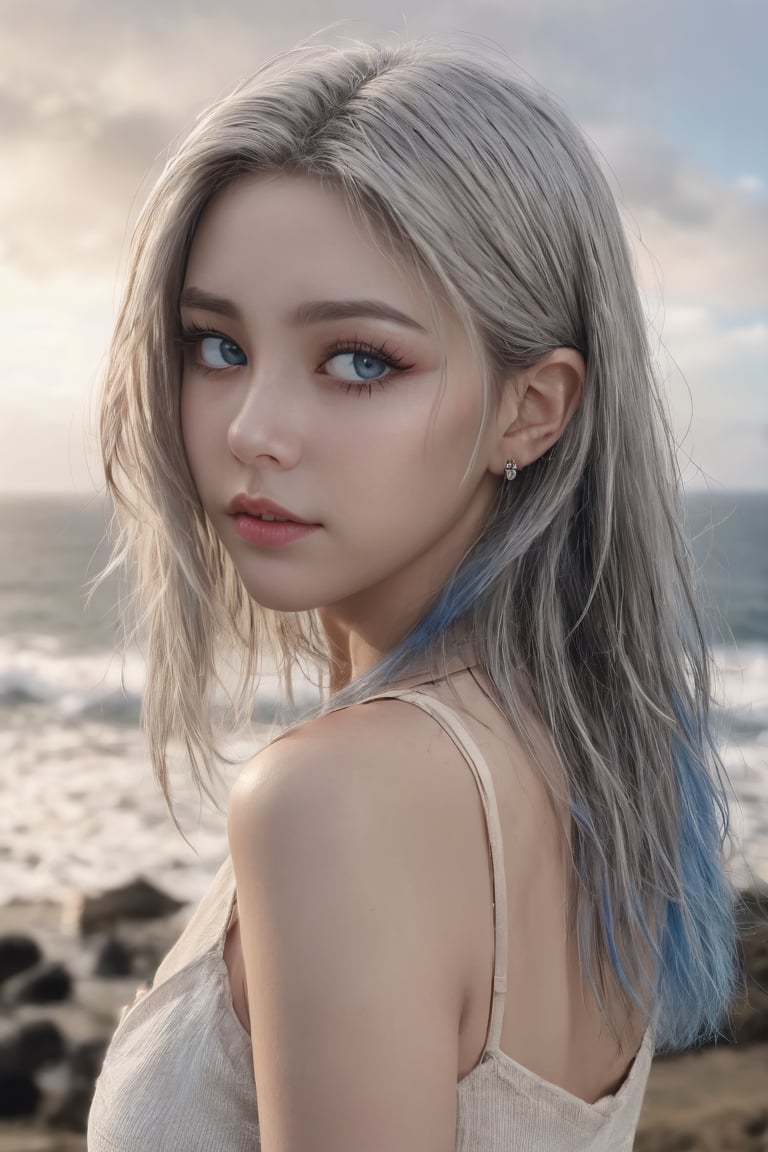 young adult girl, solo, looking at horizon, realistic, 8k, grey hair,long hair, blue eyes, lips, eyelashes, makeup, piercing, portrait, wide hips ,full body, eye focus,raidenshogundef,High detailed ,xxmixgirl,FilmGirl