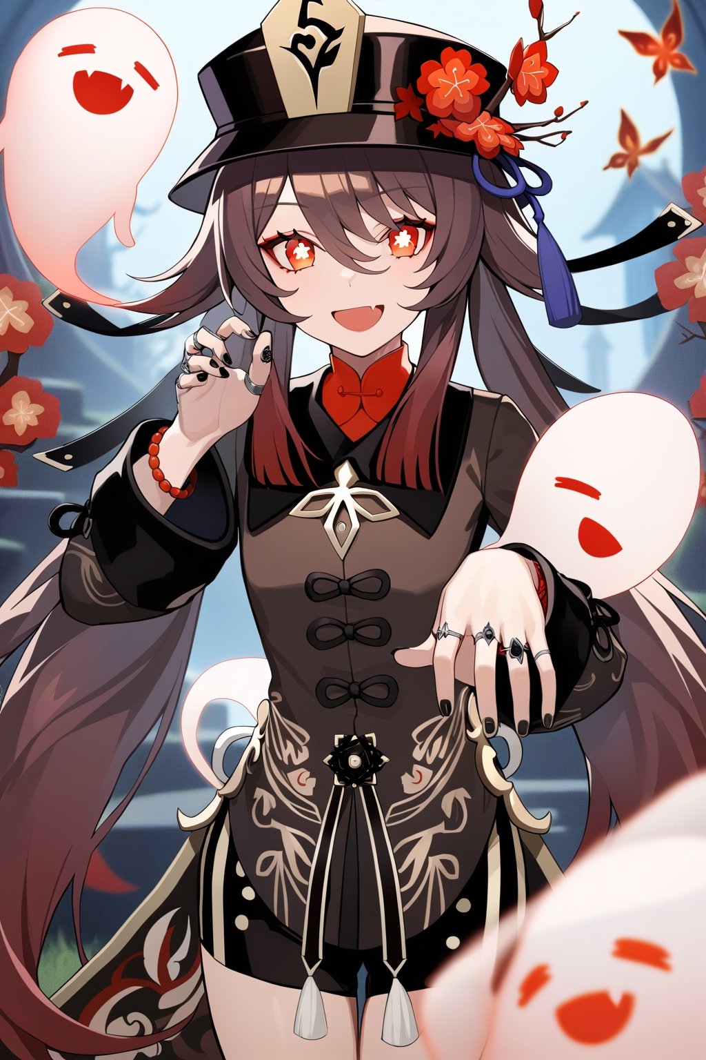 masterpiece, best quality,  1girl, solo, long hair, looking at viewer, smile, open mouth, bangs, brown hair, shirt, red eyes, long sleeves, hat, hair between eyes, twintails, jewelry, very long hair, flower, fang, nail polish, blurry, coat, symbol-shaped pupils, black headwear, chinese clothes, ring, red flower, black nails, ghost, branch, hat flower, flower-shaped pupils, plum blossoms, porkpie hat, hu tao \(genshin impact\), boo tao \(genshin impact\),  depth_of_field, 