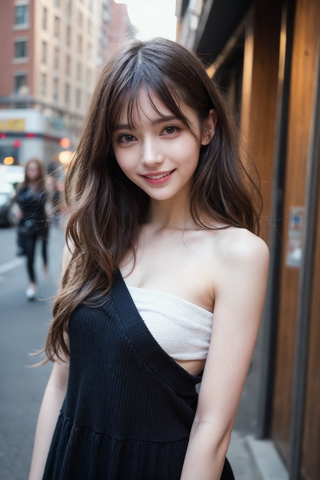 (Best quality, 8k, 32k, Photorealistic, UHD:1.2),

A young, fashionable girl with light fair skin, large, sparkling dark brown eyes, and shoulder-length, wavy hair with a hint of color. Her trendy hairstyle and charming smile convey a vibrant and urban allure.,ellafreya