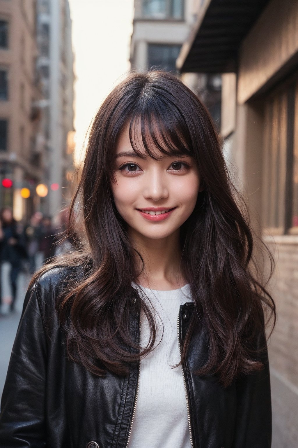 (Best quality, 8k, 32k, Photorealistic, UHD:1.2),

A young, fashionable girl with light fair skin, large, sparkling dark brown eyes, and shoulder-length, wavy hair with a hint of color. Her trendy hairstyle and charming smile convey a vibrant and urban allure.,
