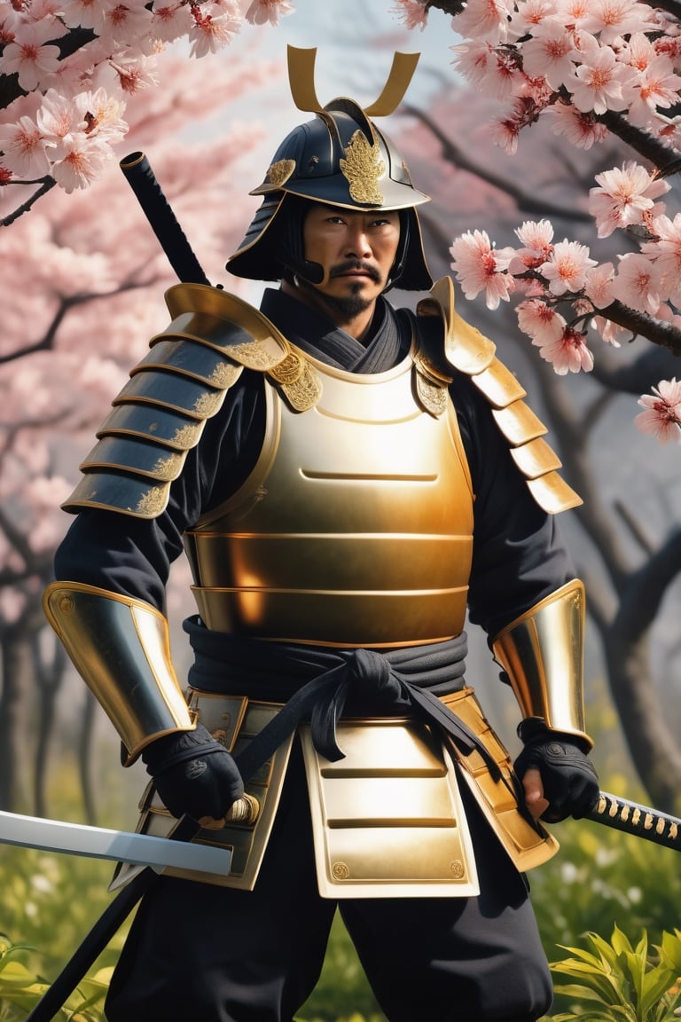 Confident Samurai Warrior, Wearing gold and black 16-th Century Samurai Armor, Fighting pose (Peach flower garden background) Detailed matte painting, deep color, fantastical, intricate detail, splash screen, complementary colors, fantasy concept art, 8k resolution trending on Artstation Unreal Engine 5,chiaroscuro, bioluminescent, Jim Lee art, photo r3al,photo r3al,Extremely Realistic,more detail XL,dripping paint