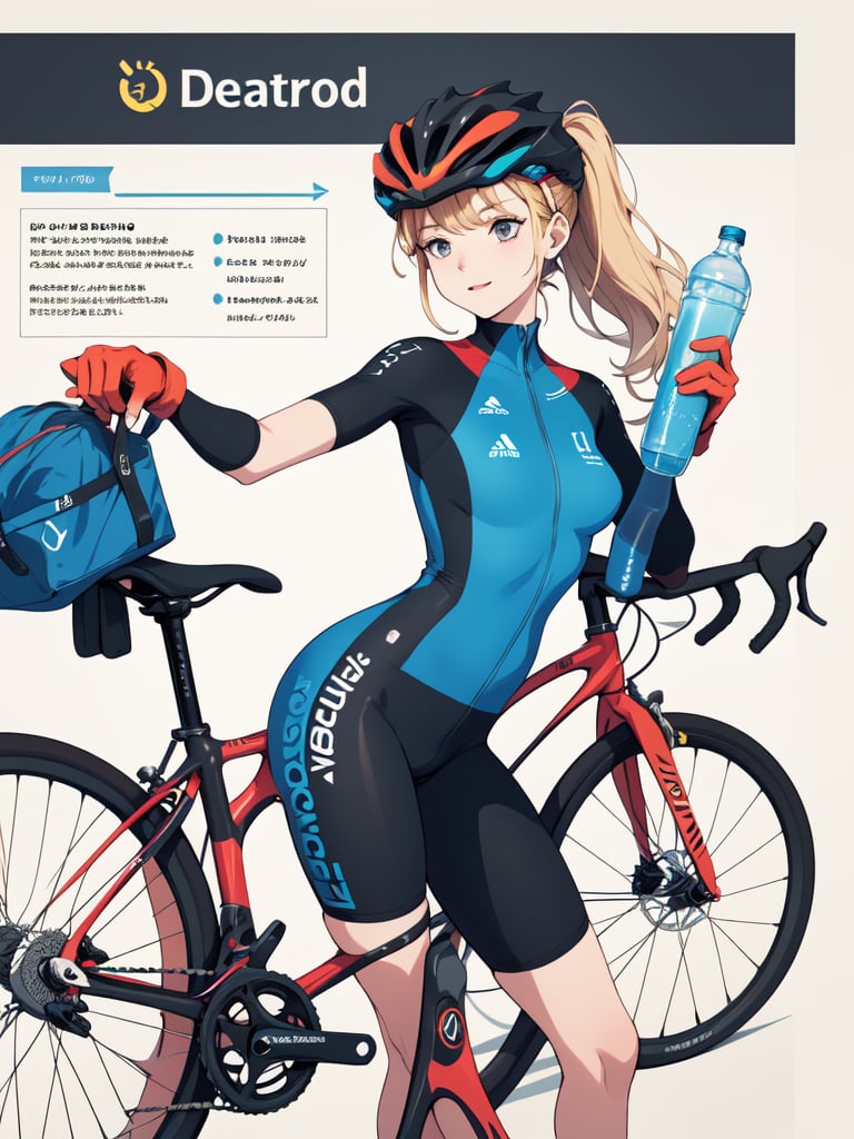 ((best quality)), reference sheet, a absurdres illustration of a vibrant, blonde girl with a ponytail, exuding energy and enthusiasm, clad in a modern road bicycle suit, taking a selfie with an iPhone. She's standing next to a high-end road bike, accessorized with various cycling gear. The background is purple, with the illustration done in a flat style. The image is created to use only four colors, ensuring a clean and simplified aesthetic. The sheet includes cycling accessories like a helmet, gloves, shoes, water bottle, and a cycling computer. The design features bold and beautiful typography with the text: 'Ride Like a Pro', emphasizing the pro-level cycling theme