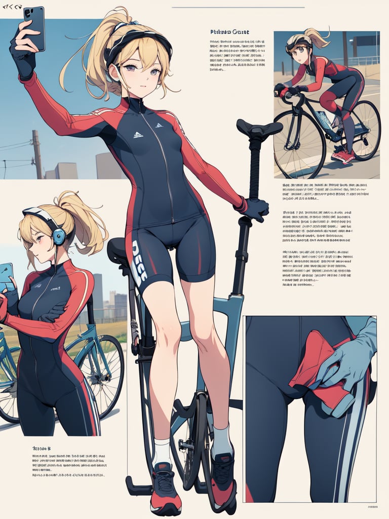 ((best quality)), reference sheet, a absurdres illustration of a vibrant, blonde girl with a ponytail, exuding energy and enthusiasm, clad in a modern road bicycle suit, taking a selfie with an iPhone. She's standing next to a high-end road bike, accessorized with various cycling gear. The background is purple, with the illustration done in a flat style. The image is created to use only four colors, ensuring a clean and simplified aesthetic. The sheet includes cycling accessories like a helmet, gloves, shoes, water bottle, and a cycling computer. The design features bold and beautiful typography with the text: 'Ride Like a Pro', emphasizing the pro-level cycling theme