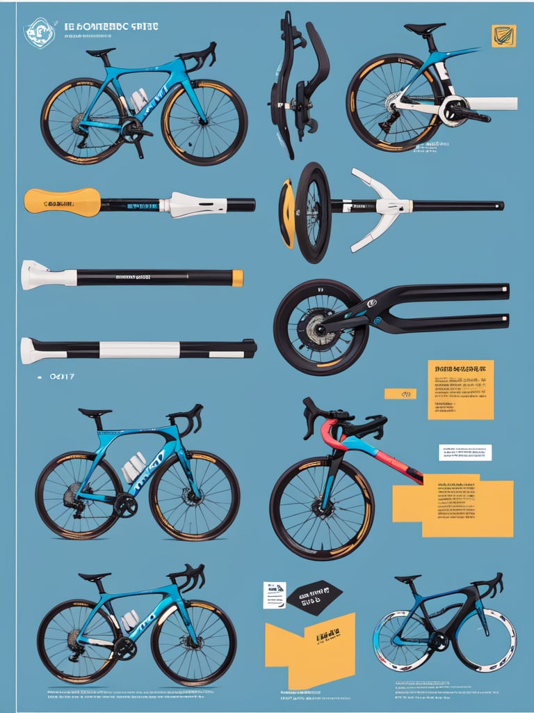 ((best quality)), reference sheet, a absurdres illustration of a sleek modern road bike with carbon fiber frame, deep-section wheels, and aerodynamic handlebars, positioned against a vibrant blue background, flat illustration, ((professional cycling)), in only four colors, reference sheet, beautiful bold typography of text: 'Ride Like a Pro', detailed component view showing ultegra groupset, carbon fiber seat post, and lightweight bottle cages, close-up of dropbar with electronic shifting levers, side view showcasing aggressive geometry and internal cable routing
