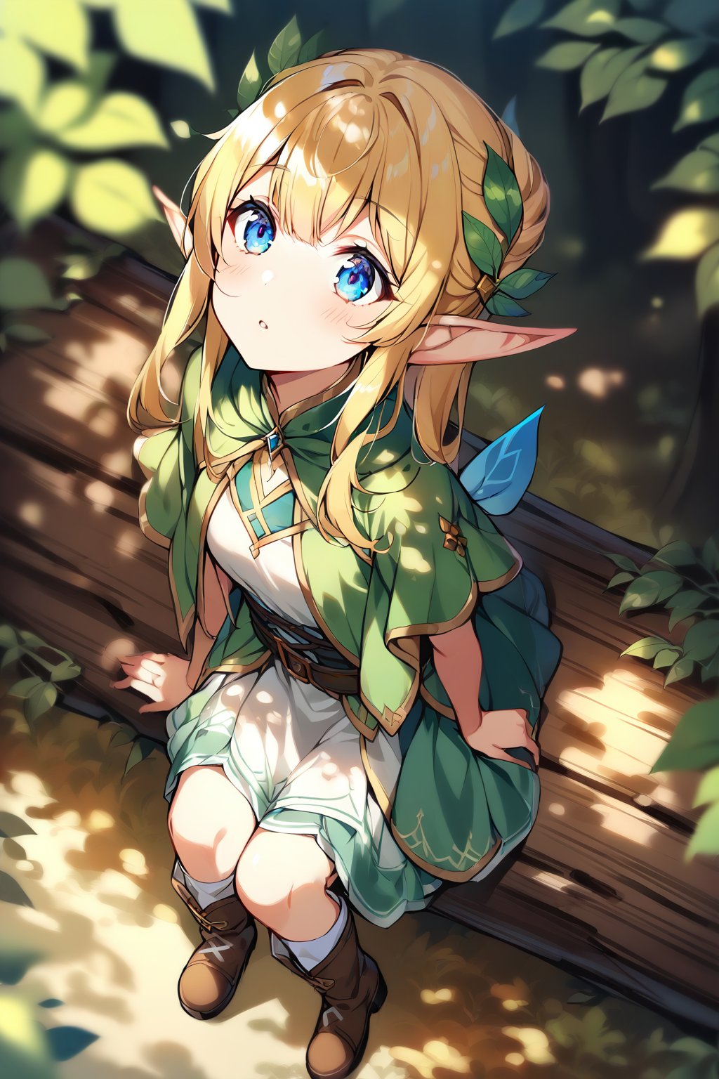 1girl, solo, elf girl, elf ears, pixie, sitting on log, forest, blue eyes,from above,looking up,ground,blonde hair,(dappled sunlight:1.2),blurry,depth of field, boots,leaf