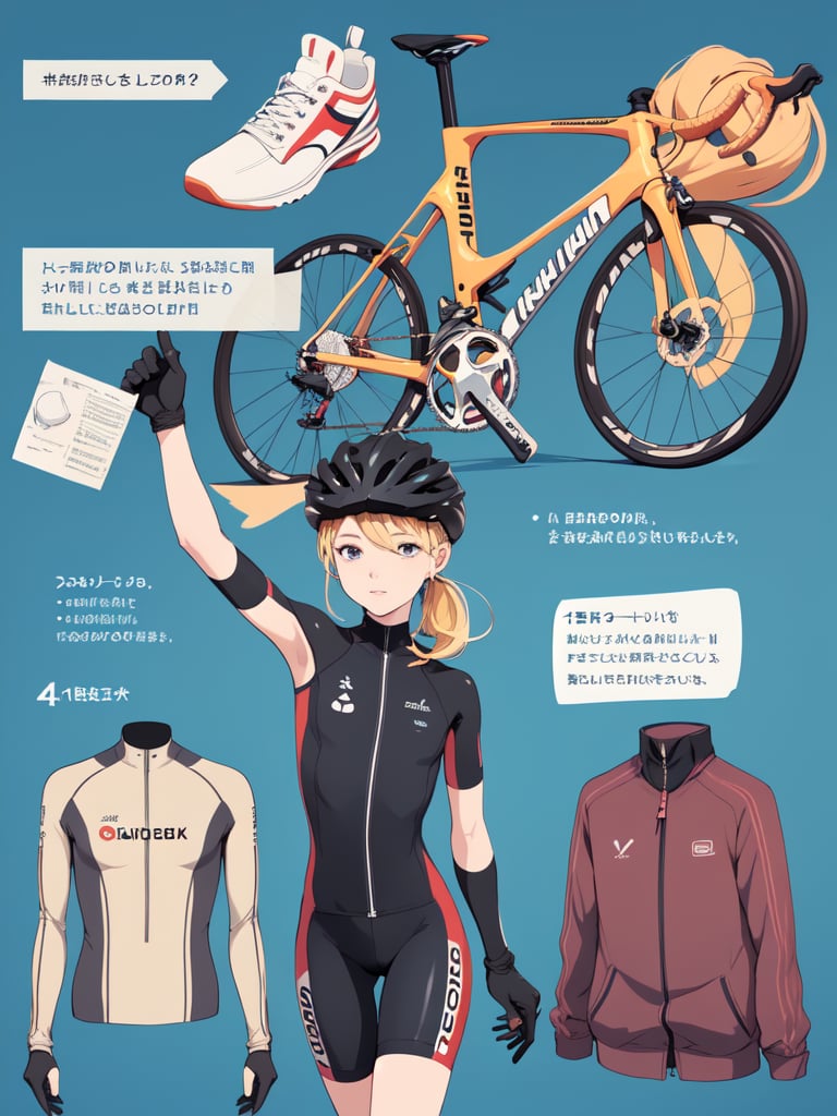 ((best quality)), reference sheet, a absurdres illustration of a vibrant, blonde girl with a ponytail, exuding energy and enthusiasm, clad in a modern road bicycle suit, taking a selfie with an iPhone. She's standing next to a high-end road bike, accessorized with various cycling gear. The background is purple, with the illustration done in a flat style. The image is created to use only four colors, ensuring a clean and simplified aesthetic. The sheet includes cycling accessories like a helmet, gloves, shoes, water bottle, and a cycling computer. The design features bold and beautiful typography with the text: 'Ride Like a Pro', emphasizing the pro-level cycling theme