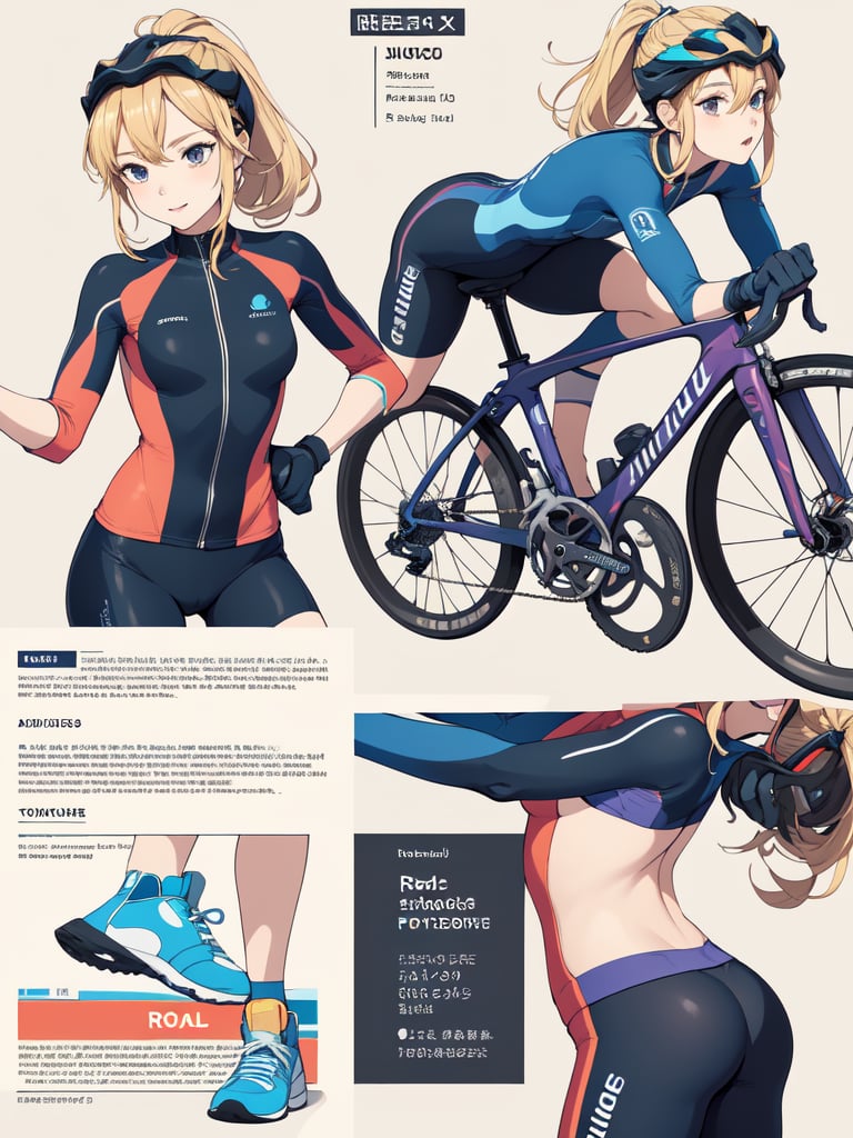 ((best quality)), reference sheet, a absurdres illustration of a vibrant, blonde girl with a ponytail, exuding energy and enthusiasm, clad in a modern road bicycle suit, taking a selfie with an iPhone. She's standing next to a high-end road bike, accessorized with various cycling gear. The background is purple, with the illustration done in a flat style. The image is created to use only four colors, ensuring a clean and simplified aesthetic. The sheet includes cycling accessories like a helmet, gloves, shoes, water bottle, and a cycling computer. The design features bold and beautiful typography with the text: 'Ride Like a Pro', emphasizing the pro-level cycling theme