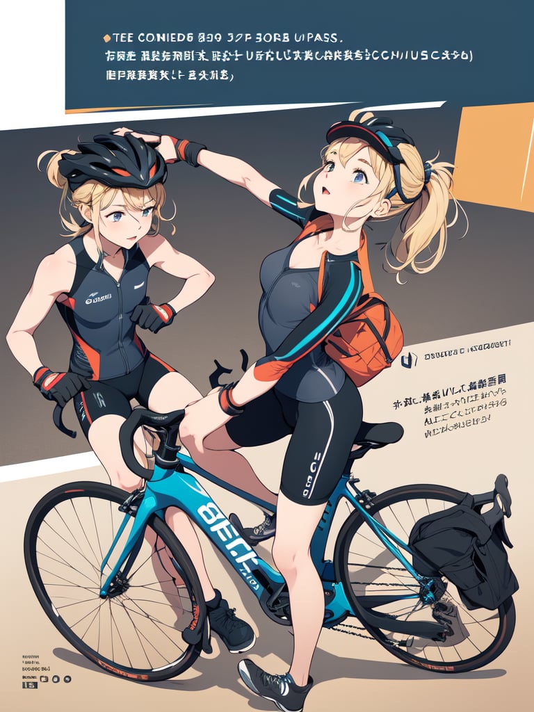 ((best quality)), reference sheet, a absurdres illustration of a vibrant, blonde girl with a ponytail, exuding energy and enthusiasm, clad in a modern road bicycle suit, taking a selfie with an iPhone. She's standing next to a high-end road bike, accessorized with various cycling gear. The background is purple, with the illustration done in a flat style. The image is created to use only four colors, ensuring a clean and simplified aesthetic. The sheet includes cycling accessories like a helmet, gloves, shoes, water bottle, and a cycling computer. The design features bold and beautiful typography with the text: 'Ride Like a Pro', emphasizing the pro-level cycling theme