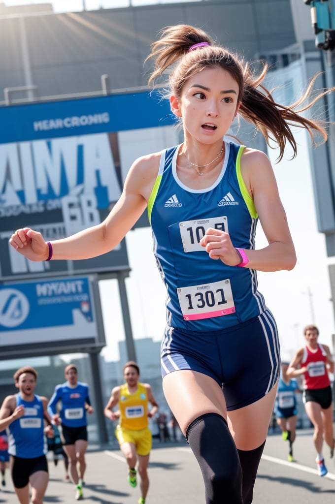 A female marathon runner in motion, mid-stride on an urban course. Athletic build, lean muscles, determined expression. Wearing moisture-wicking blue running singlet with race number 2023, black compression shorts, and neon yellow professional running shoes. Hair tied back in a tight ponytail, sweat beading on forehead. Sunlight glinting off high-tech GPS running watch. Background shows cheering spectators, tall buildings, and race barriers. Hyper-realistic, sharp focus, dynamic composition, motion blur on feet and arms. 8K resolution, professional sports photography, vibrant colors, dramatic lighting.