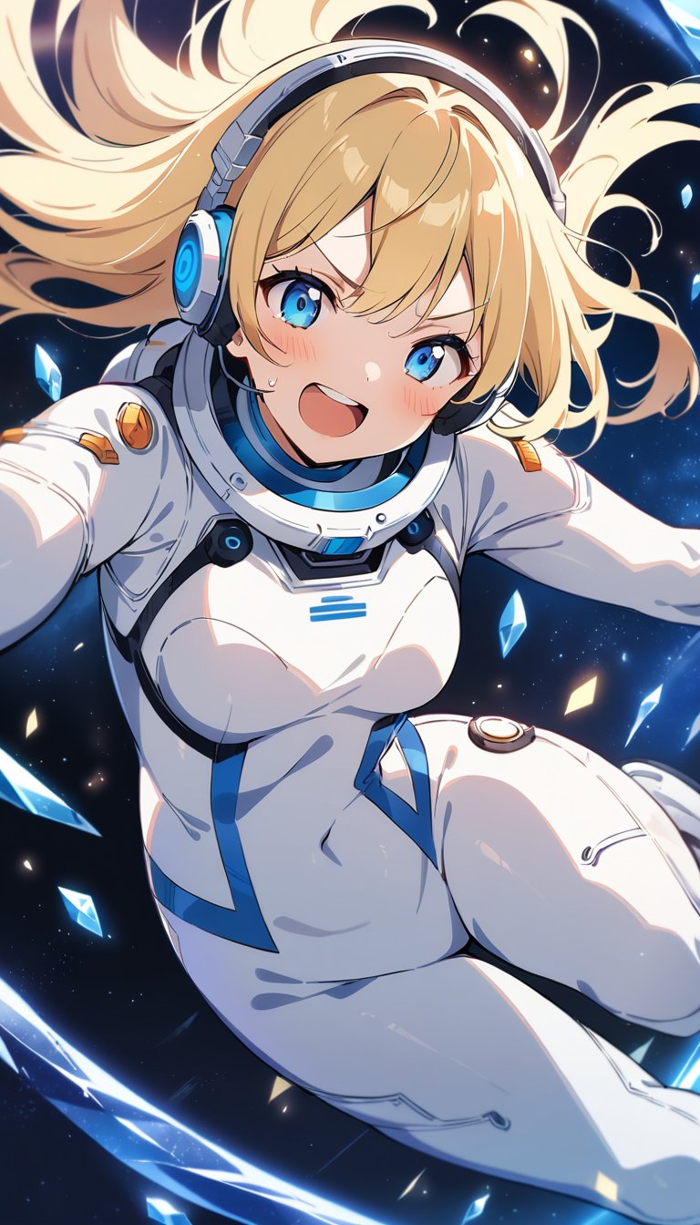 1girl, solo, blonde hair, blue eyes, excited expression, expectant look, happy, enthusiastic, white bodysuit spacesuit, form-fitting, headphones, space station background, dynamic pose, floating, zero gravity, (masterpiece), best quality, cute face, 4k, very aesthetic, absurdres, intricate details, perfect anatomy, extremely delicate body, smooth skin, feminine expression, crystal clear eyes, anime style, flat style