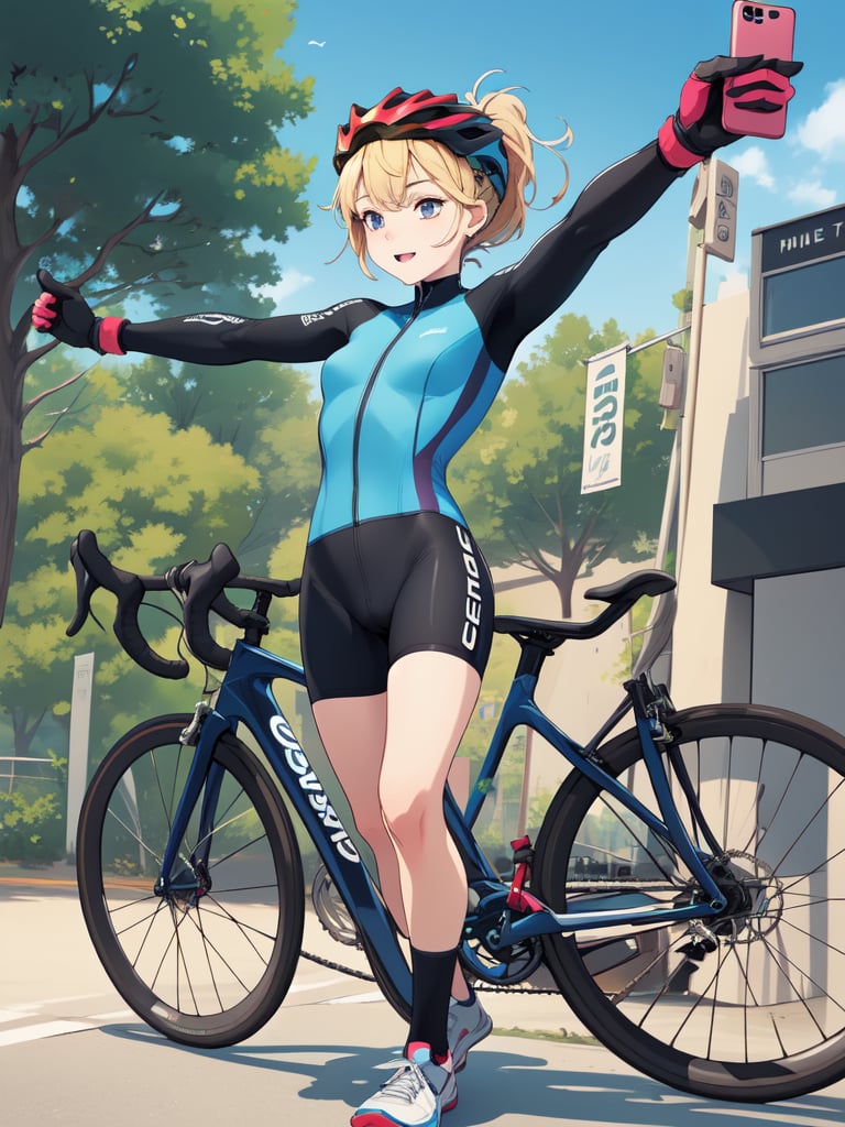 ((best quality)), reference sheet, a absurdres illustration of a vibrant, blonde girl with a ponytail, exuding energy and enthusiasm, clad in a modern road bicycle suit, taking a selfie with an iPhone. She's standing next to a high-end road bike, accessorized with various cycling gear. The background is purple, with the illustration done in a flat style. The image is created to use only four colors, ensuring a clean and simplified aesthetic. The sheet includes cycling accessories like a helmet, gloves, shoes, water bottle, and a cycling computer. The design features bold and beautiful typography with the text: 'Ride Like a Pro', emphasizing the pro-level cycling theme