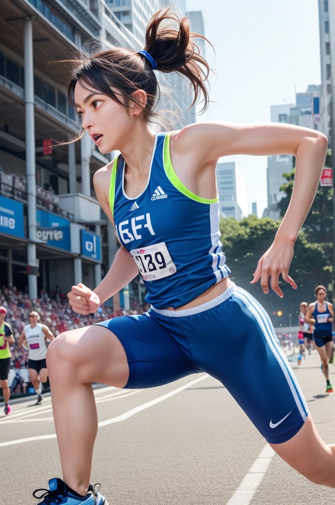 A female marathon runner in motion, mid-stride on an urban course. Athletic build, lean muscles, determined expression. Wearing moisture-wicking blue running singlet with race number 2023, black compression shorts, and neon yellow professional running shoes. Hair tied back in a tight ponytail, sweat beading on forehead. Sunlight glinting off high-tech GPS running watch. Background shows cheering spectators, tall buildings, and race barriers. Hyper-realistic, sharp focus, dynamic composition, motion blur on feet and arms. 8K resolution, professional sports photography, vibrant colors, dramatic lighting.