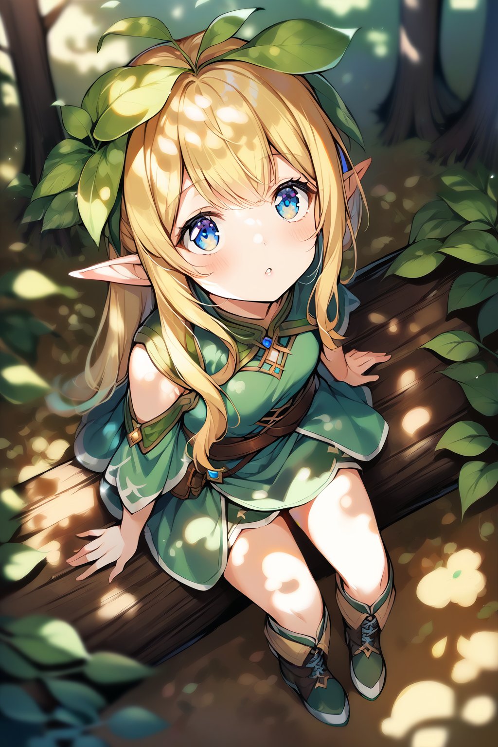 1girl, solo, elf girl, elf ears, pixie, sitting on log, forest, blue eyes,from above,looking up,ground,blonde hair,(dappled sunlight:1.2),blurry,depth of field, boots,leaf