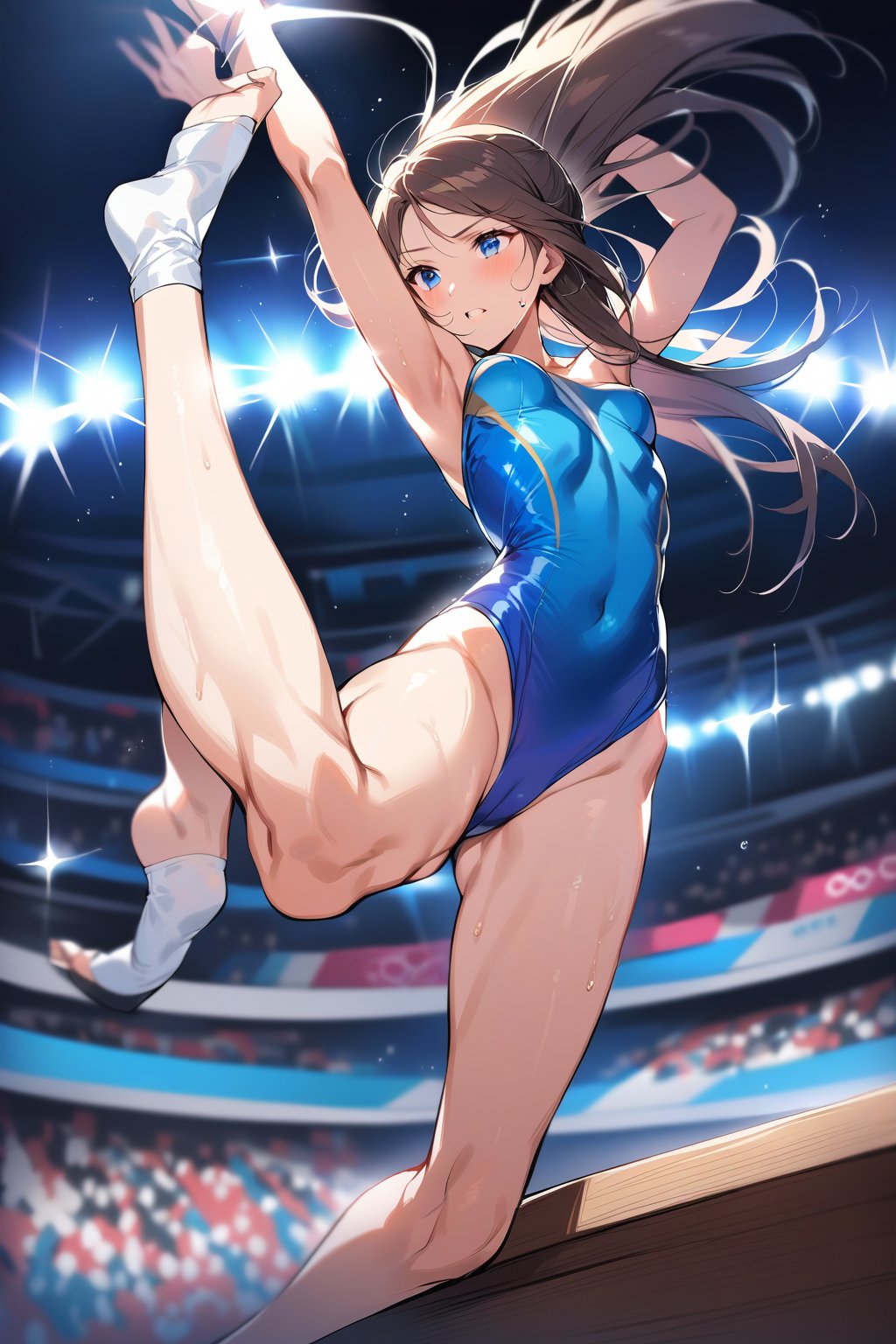 masterpiece, highest quality, high resolution, 20yo ,(1girl):5,BREAK gymnastics leotard, (sparkly blue leotard):100, (white gymnastic grips):100, (chalk on hands):100 BREAK one female gymnast, on balance beam, Olympic venue, dynamic action pose, mid-flip, legs extended, hair flying, sweat glistening on face, intense focus in eyes, muscles tensed, fabric of leotard shimmering with movement BREAK Olympic gymnastics arena, bright lights illuminating the apparatus, crowd blurred in background, judges barely visible at edge of frame, air charged with tension, gymnast's body perfectly aligned, perfect form, toes pointed, moment of landing imminent, high-contrast lighting emphasizing muscle definition and facial expression, sharp focus on gymnast