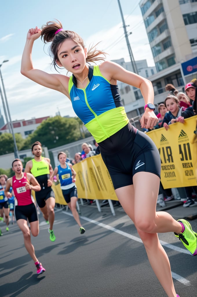 A female marathon runner in motion, mid-stride on an urban course. Athletic build, lean muscles, determined expression. Wearing moisture-wicking blue running singlet with race number 2023, black compression shorts, and neon yellow professional running shoes. Hair tied back in a tight ponytail, sweat beading on forehead. Sunlight glinting off high-tech GPS running watch. Background shows cheering spectators, tall buildings, and race barriers. Hyper-realistic, sharp focus, dynamic composition, motion blur on feet and arms. 8K resolution, professional sports photography, vibrant colors, dramatic lighting.