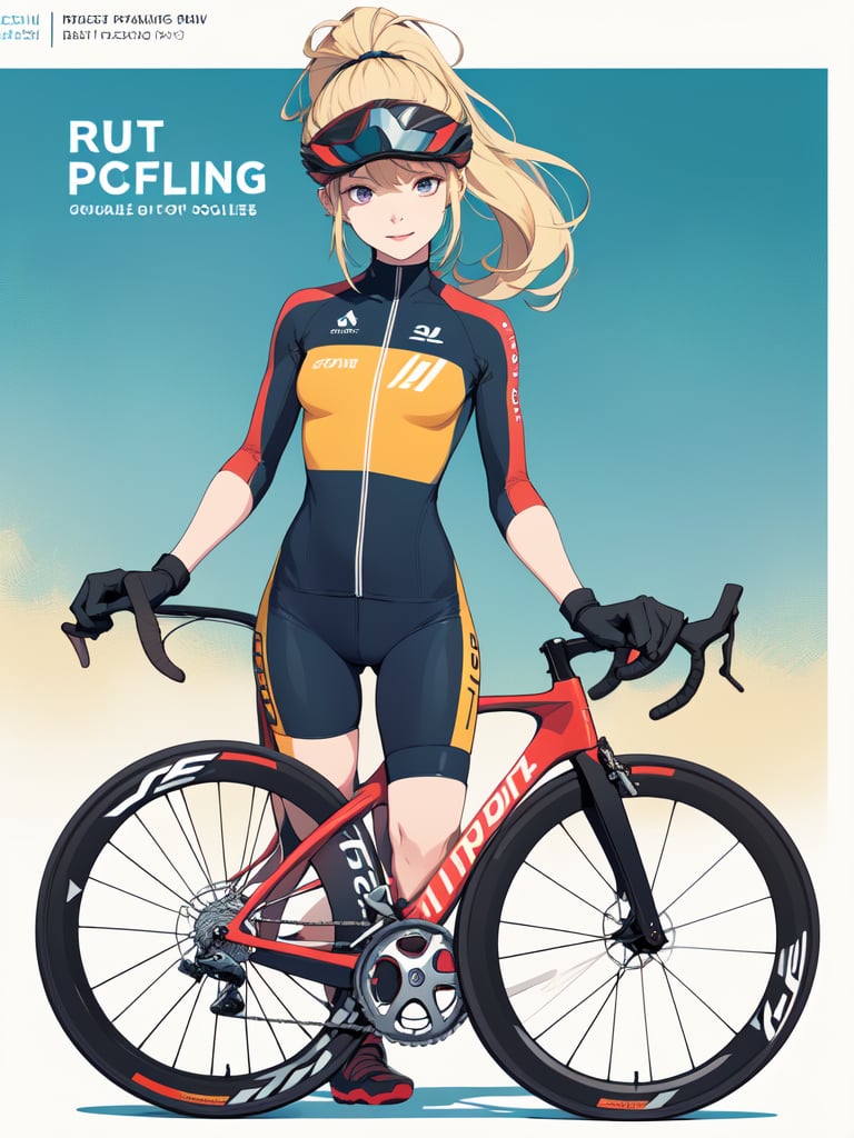 ((best quality)), reference sheet, a absurdres illustration of a vibrant, blonde girl with a ponytail, exuding energy and enthusiasm, clad in a modern road bicycle suit, taking a selfie with an iPhone. She's standing next to a high-end road bike, accessorized with various cycling gear. The background is purple, with the illustration done in a flat style. The image is created to use only four colors, ensuring a clean and simplified aesthetic. The sheet includes cycling accessories like a helmet, gloves, shoes, water bottle, and a cycling computer. The design features bold and beautiful typography with the text: 'Ride Like a Pro', emphasizing the pro-level cycling theme