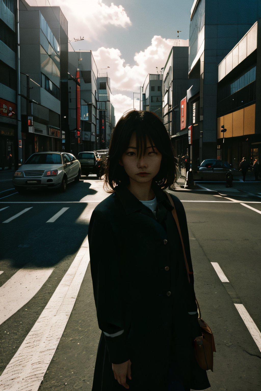 realistic,portrait,film grain,shadow,asian,woman,sunlight,day,epic,fantastic,street,messy hair,light,grainy,real photo,outdoor,grainy,lightshapes,cloudy color,japan,