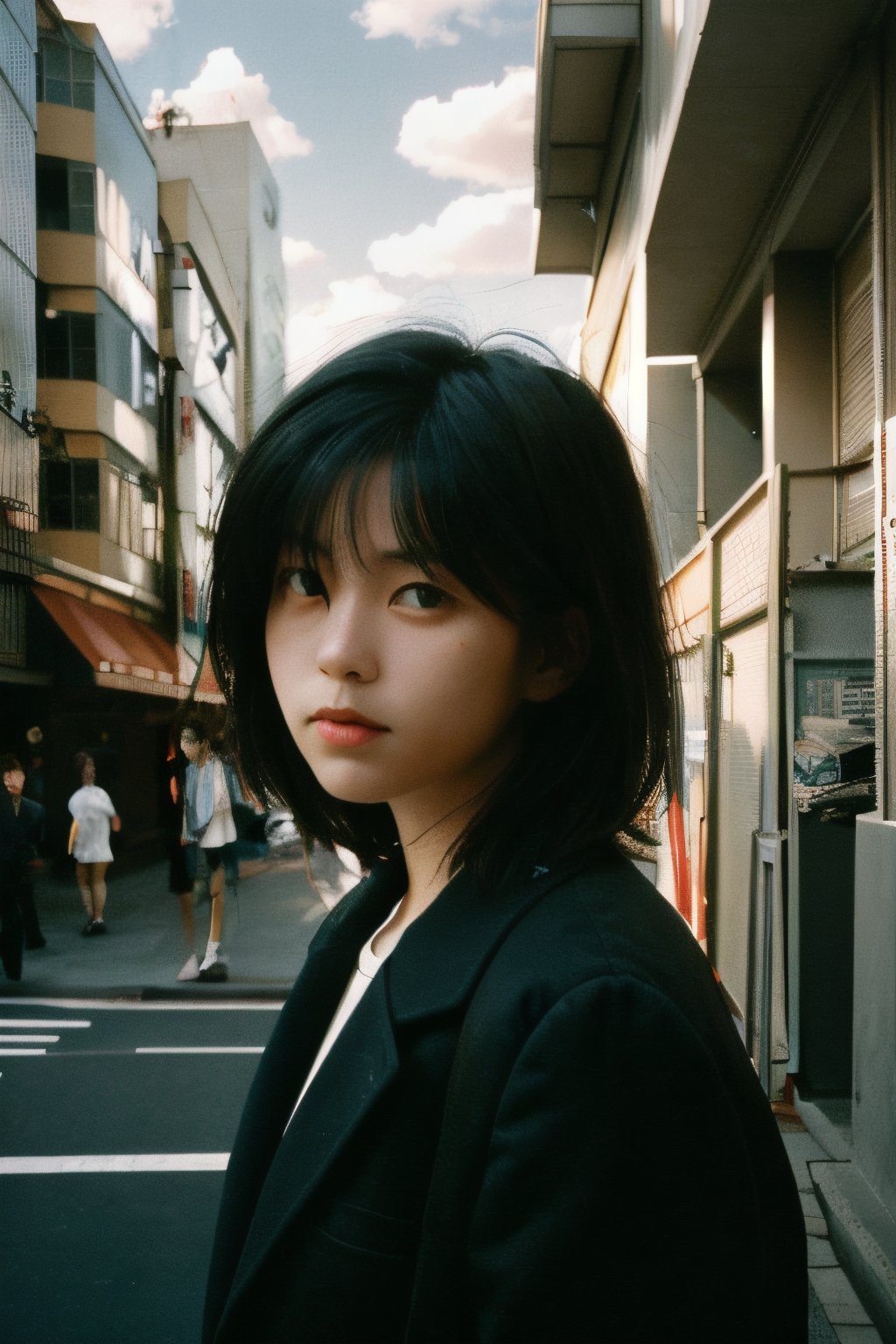 realistic,portrait,film grain,shadow,dark,asian,woman,sunlight,day,epic,fantastic,street,messy hair,light,grainy,real photo,outdoor,grainy,lightshapes,cloudy color,japan,