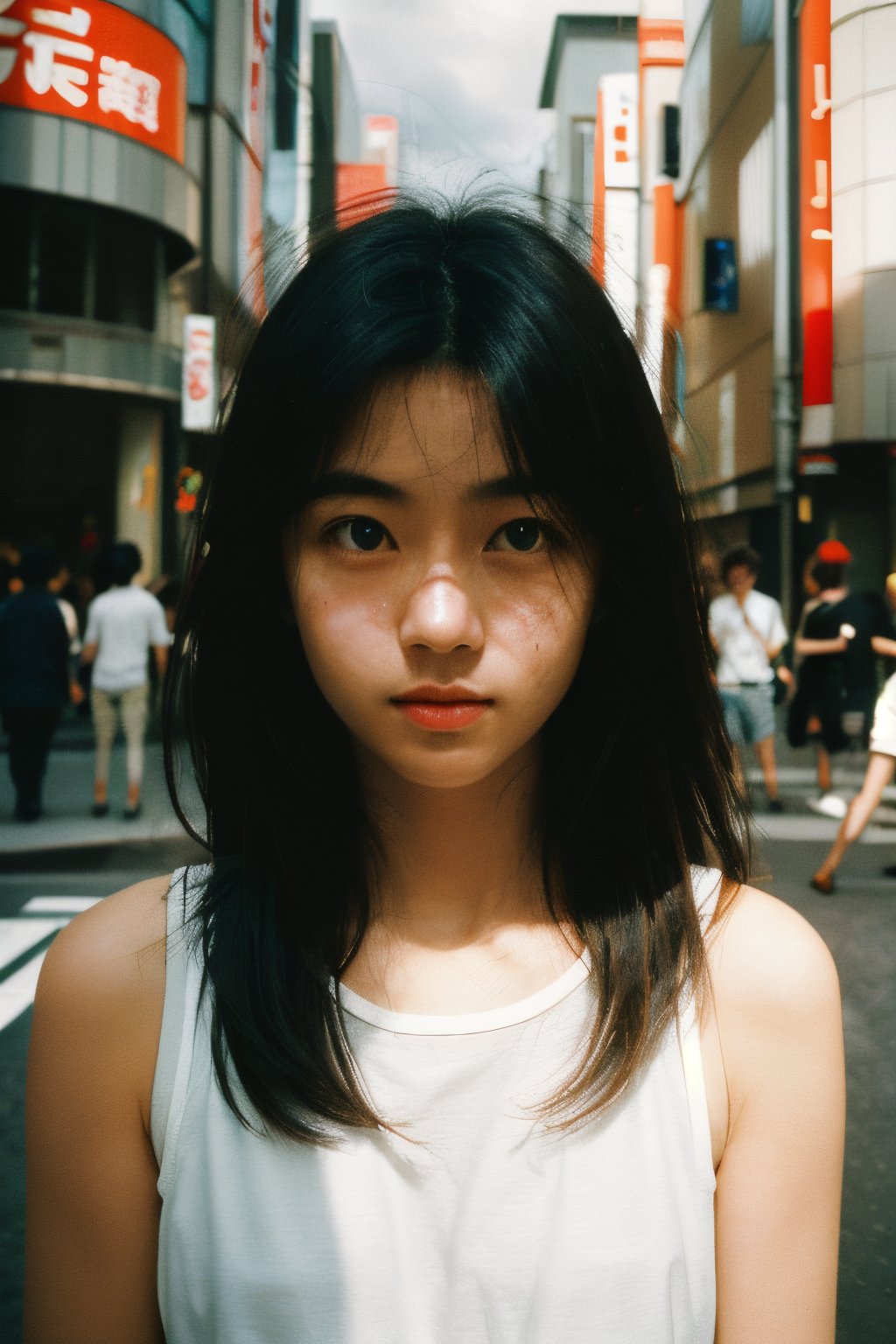 realistic,portrait,film grain,shadow,dark,asian,woman,sunlight,day,epic,fantastic,street,messy hair,light,grainy,real photo,outdoor,grainy,lightshapes,cloudy color,japan,