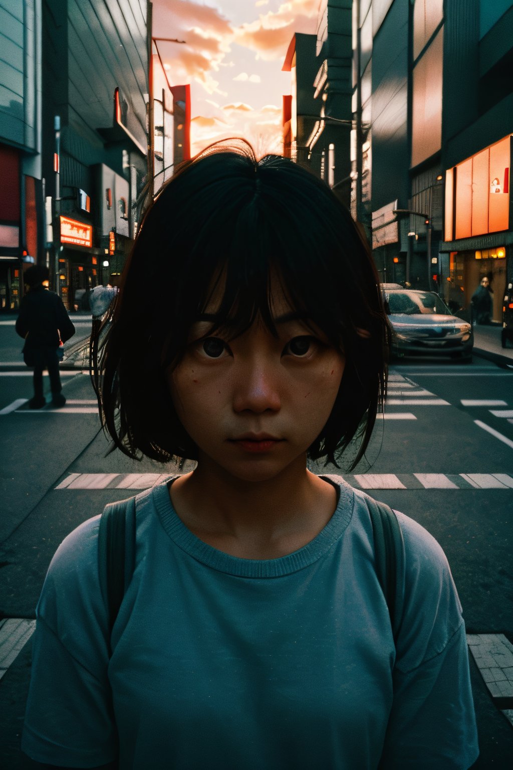 realistic,portrait,film grain,sunset,shadow,asian,woman,sunlight,day,epic,fantastic,street,messy hair,light,grainy,real photo,outdoor,grainy,lightshapes,cloudy color,japan,
