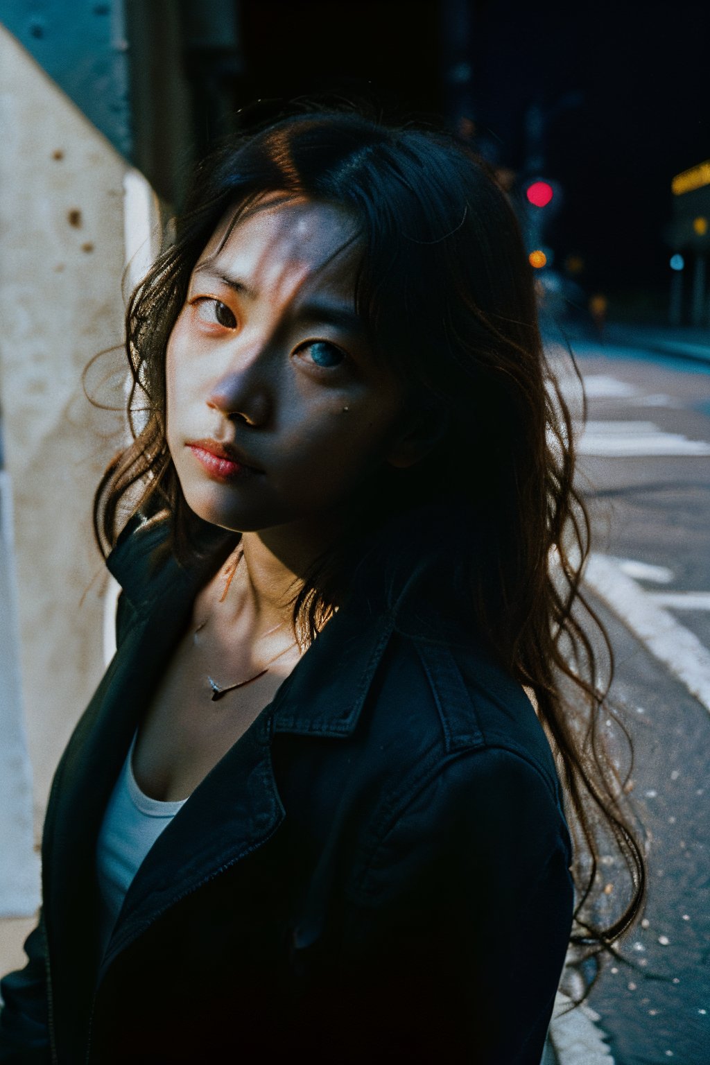 realistic,portrait,film grain,shadow,dark,asian,woman,renaissance,epic,fantastic,street,messy hair,light,grainy,real photo,outdoor,grainy,lightshapes