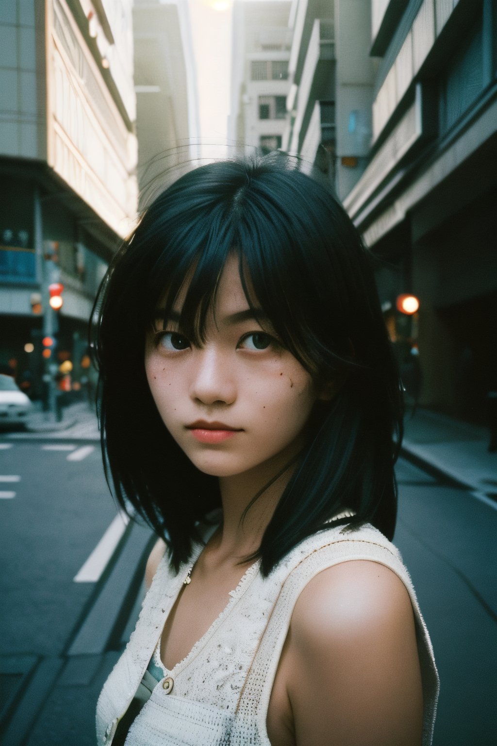 realistic,portrait,film grain,shadow,dark,asian,woman,sunlight,day,epic,fantastic,street,messy hair,light,grainy,real photo,outdoor,grainy,lightshapes,cloudy color,japan,