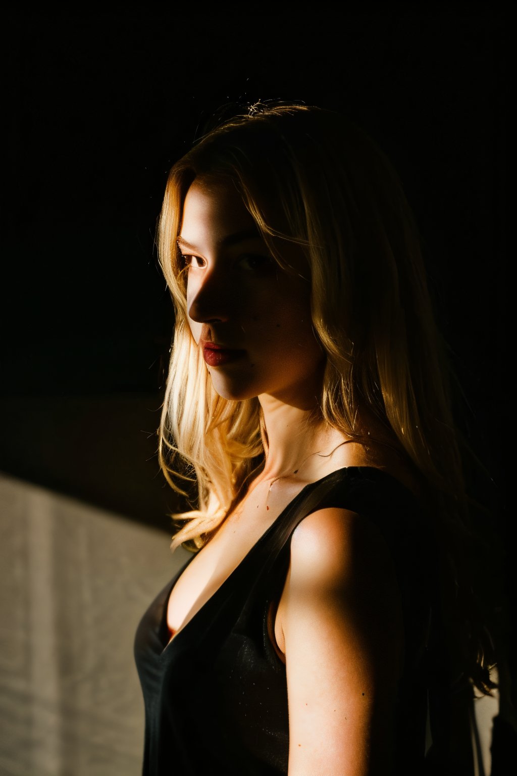 super cute blond woman in a dark theme,shadow,shaded,