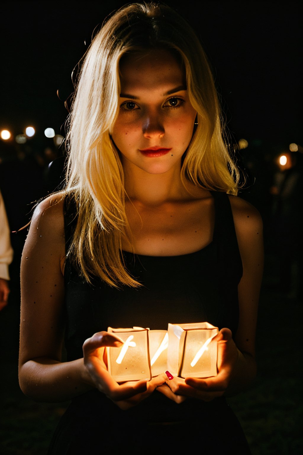 super cute blond woman in a dark theme,lightshapes