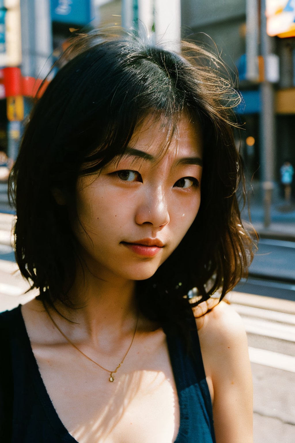 close-up,realistic,portrait,film grain,sunlight,shadow,asian,woman,sunlight,day,epic,fantastic,street,messy hair,light,grainy,real photo,outdoor,grainy,lightshapes,cloudy color,japan,