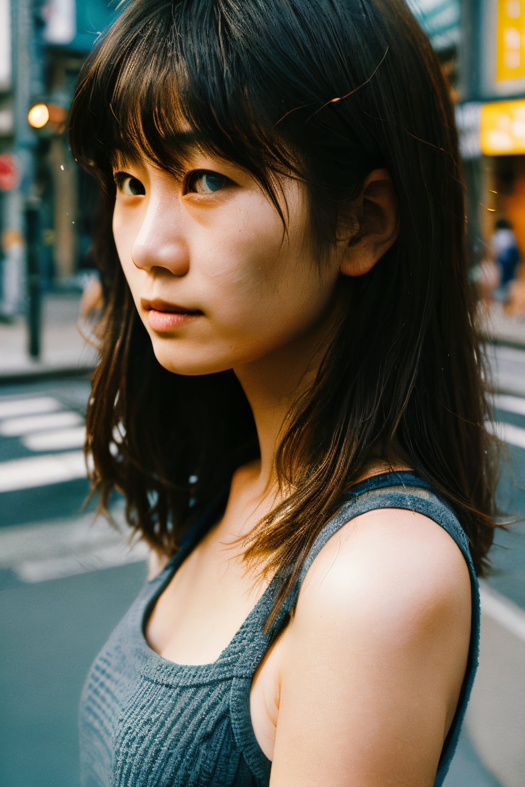 close-up,realistic,portrait,film grain,sunlight,shadow,asian,woman,sunlight,day,epic,fantastic,street,messy hair,light,grainy,real photo,outdoor,grainy,lightshapes,cloudy color,japan,