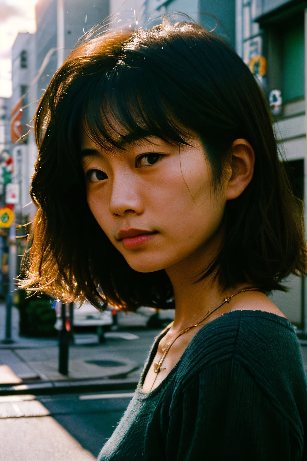 close-up,realistic,portrait,film grain,sunlight,shadow,asian,woman,sunlight,day,epic,fantastic,street,messy hair,light,grainy,real photo,outdoor,grainy,lightshapes,cloudy color,japan,