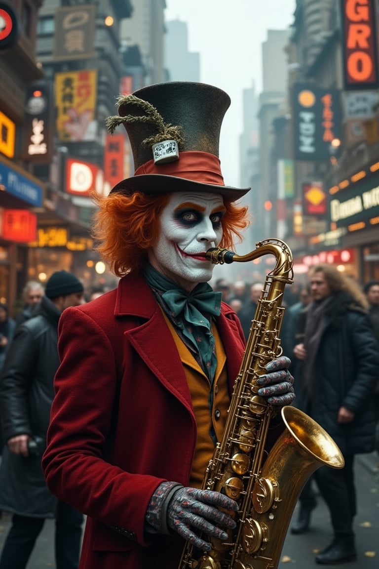 create a picture of The Mad Hatter with devious smirk and sharp eyes playing saxophone in the middle of the bustling city, full of people, making some riot between people who listened to his tunes