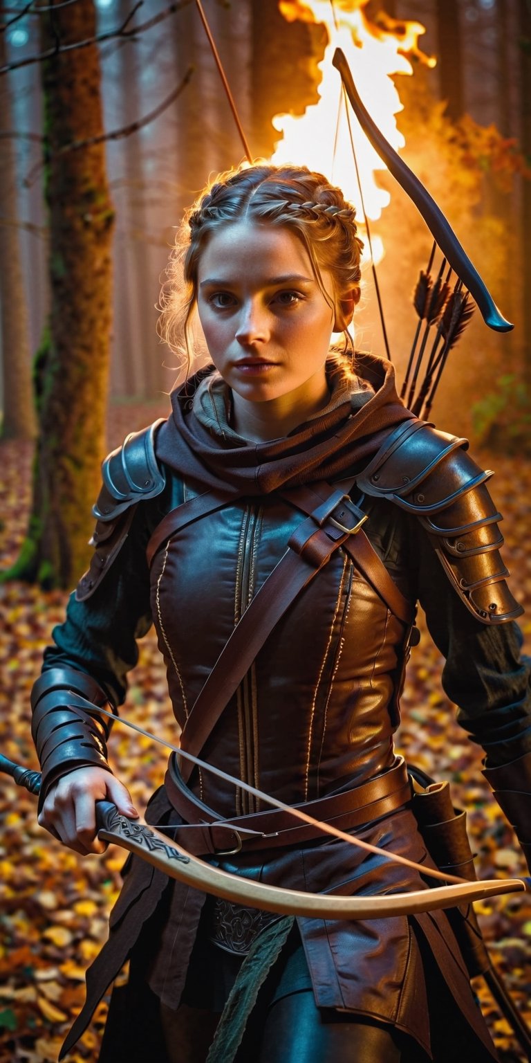 The image shows a [girl:Maude Adams:0.1]  who looks like an archer. The girl wears dark leather armor, and she has a hood that partially hides her face, adding mystery to the image. A quiver of arrows is visible on the back. The character is holding a curved bow in his hands, and he can be seen pulling the string, preparing to make a shot. A flame of fire on the background that illuminates the scene, creating a dramatic and tense mood. The composition of the image and the style resemble the aesthetics of an epic fantasy.