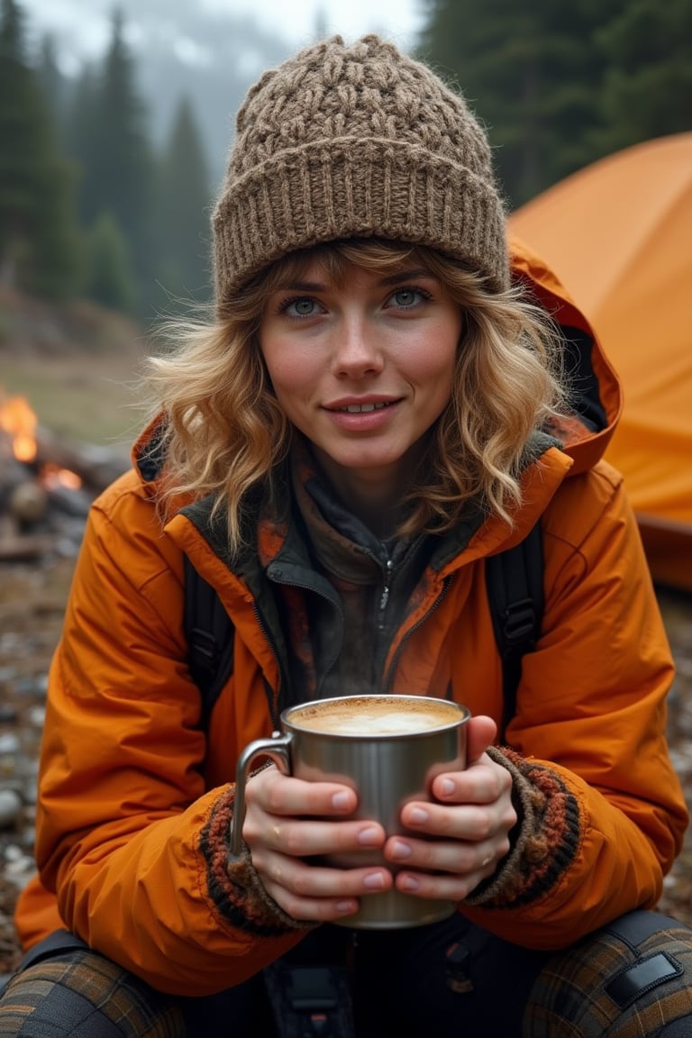 A just woken up beautiful gorgeous golden short curly hair style woman, wears cold proof adventure jacket, adventure trousers, boots, messy hair in the morning beneath the beanie, feels the tranquil moring, a metal cup of hot coofee in her hands, enjoying the aroma and the taste of fruity arabica coffee, a tranquil moring in the wilderness with tent and campfire, insanely detailed and intricate face sneezing gestures, realistic color comic illustration with strong influence of Don Lawrence style